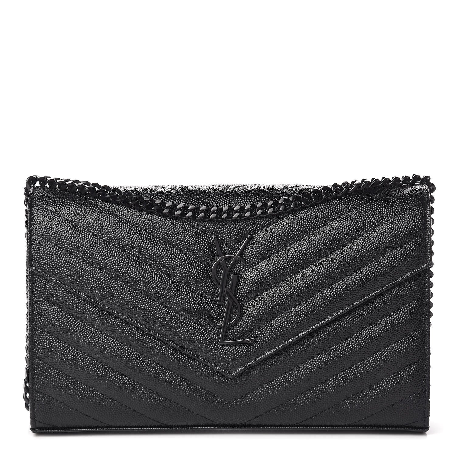 Saint Laurent Grain De Poudre Matelasse Chevron Monogram Chain Wallet Black 1 of 14