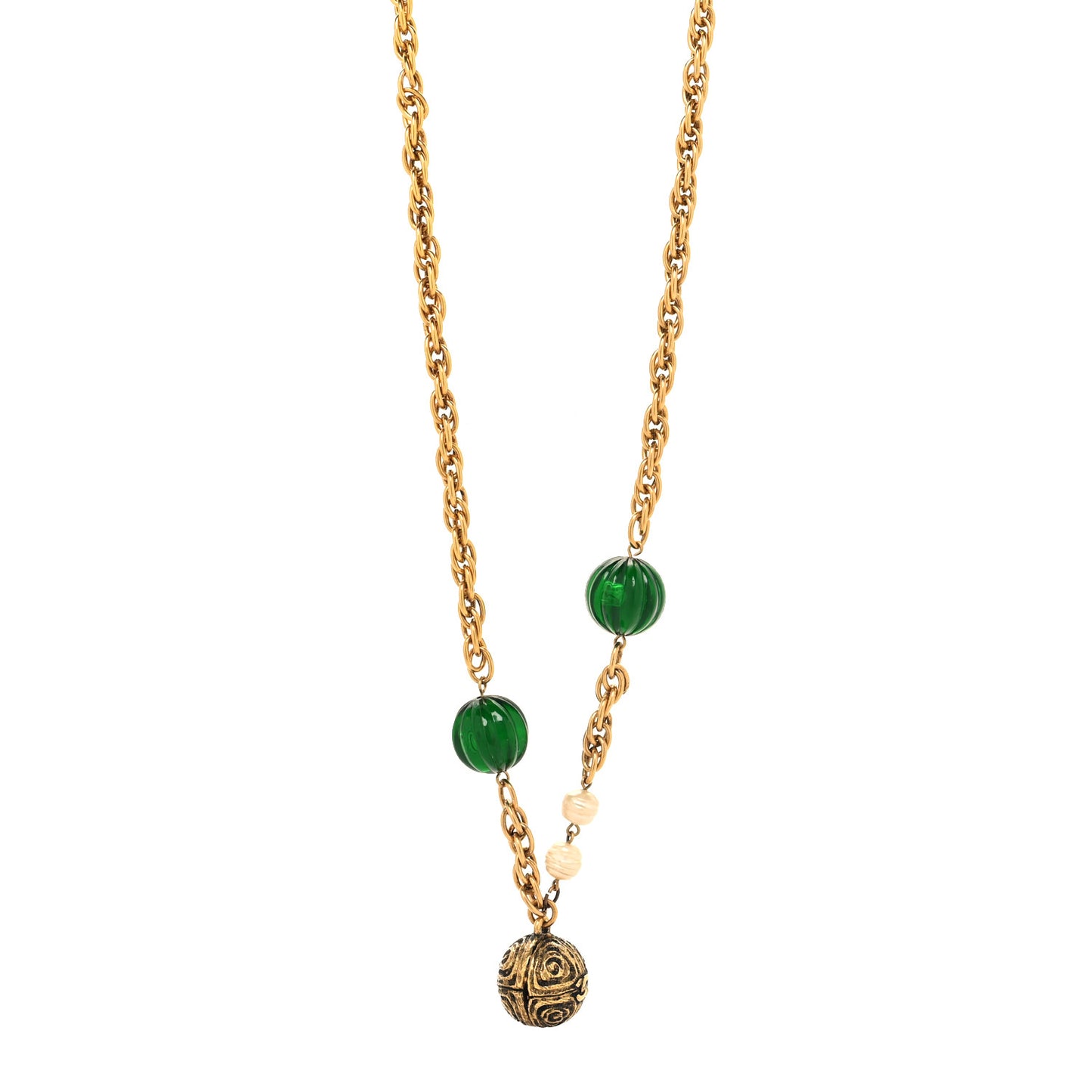 Crystal Gripoix Poured Glass Pearl Sphere Pendant Necklace Gold Green