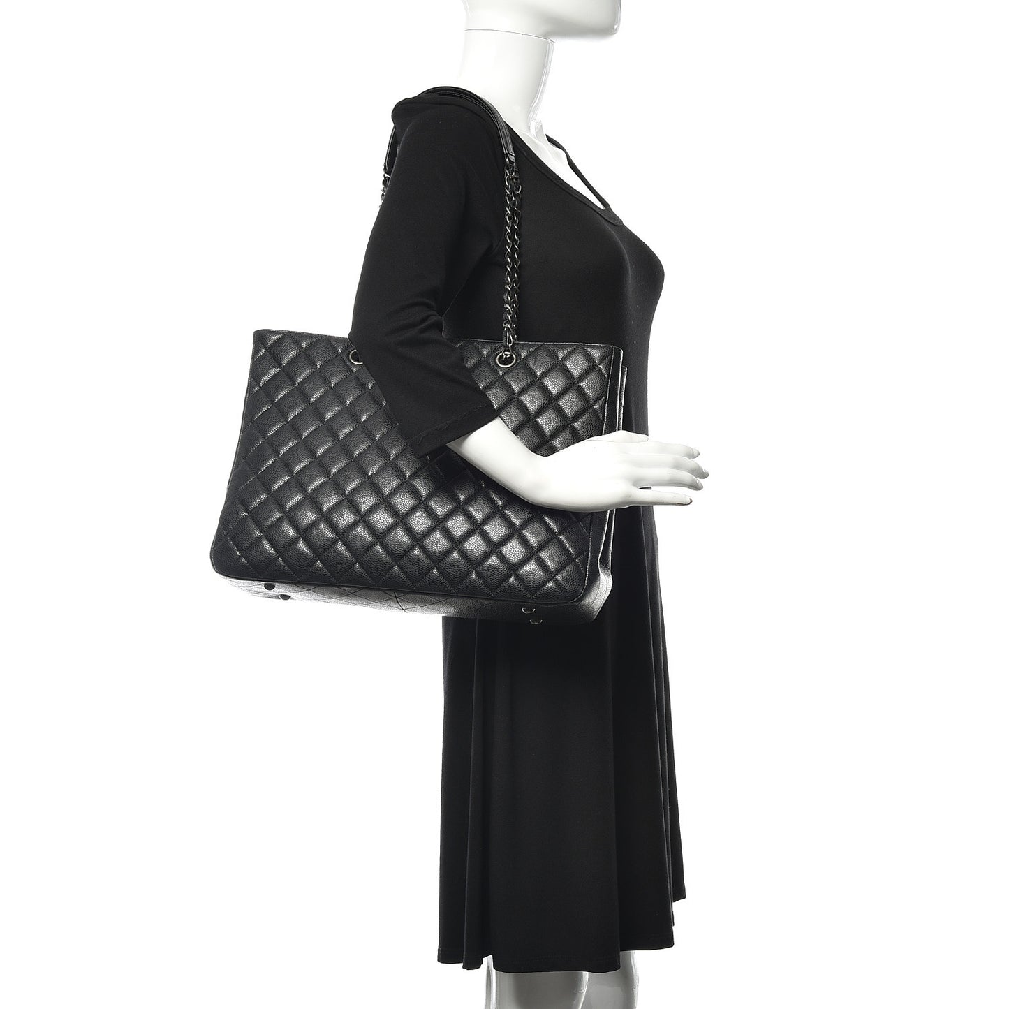 Calfskin Quilted Large CC Shopping Tote Black