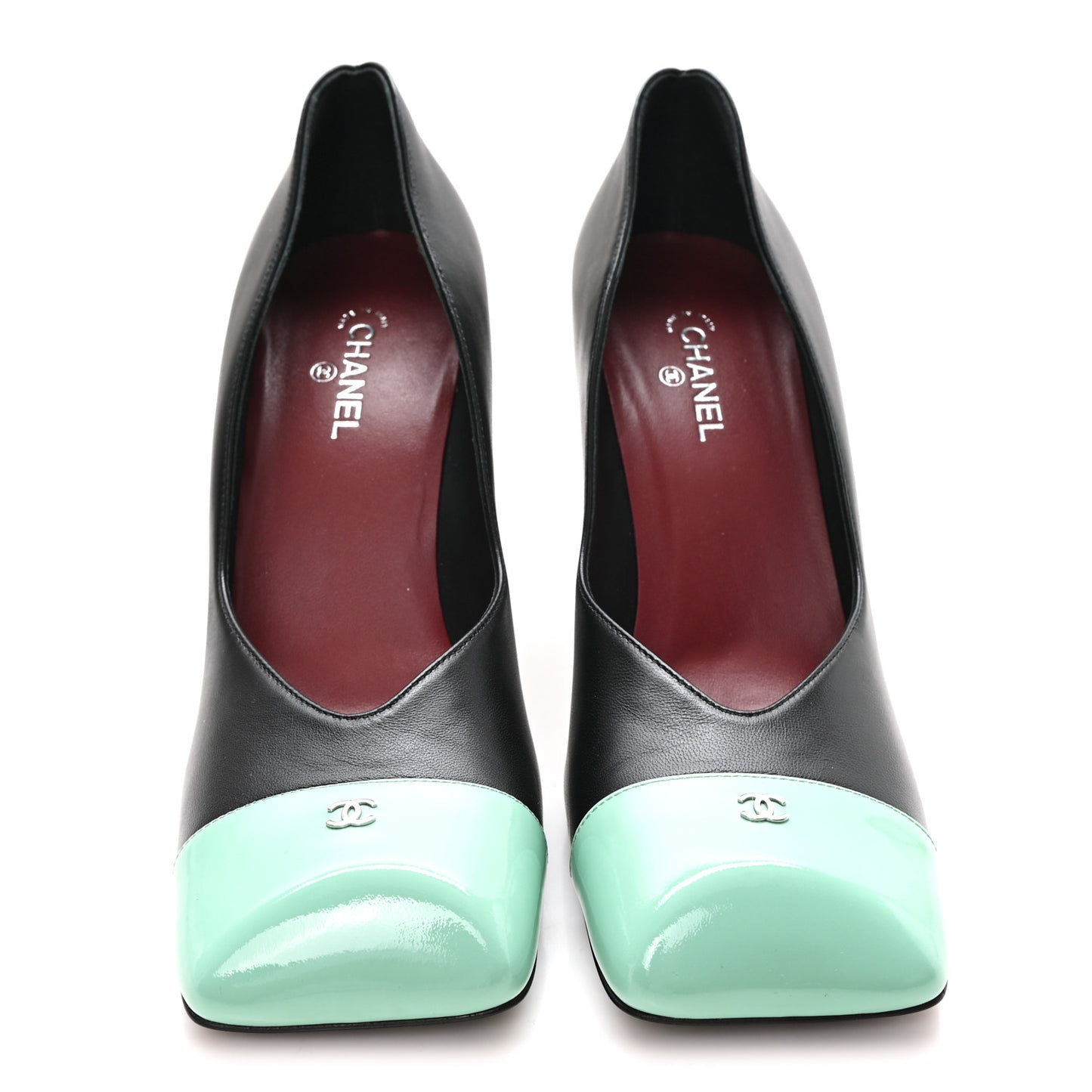 Lambskin Patent Calfskin Cap Toe Pumps 40 Black Green