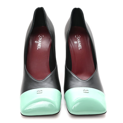 Chanel Lambskin Patent Calfskin Cap Toe Pumps 40 Black Green 3 of 10