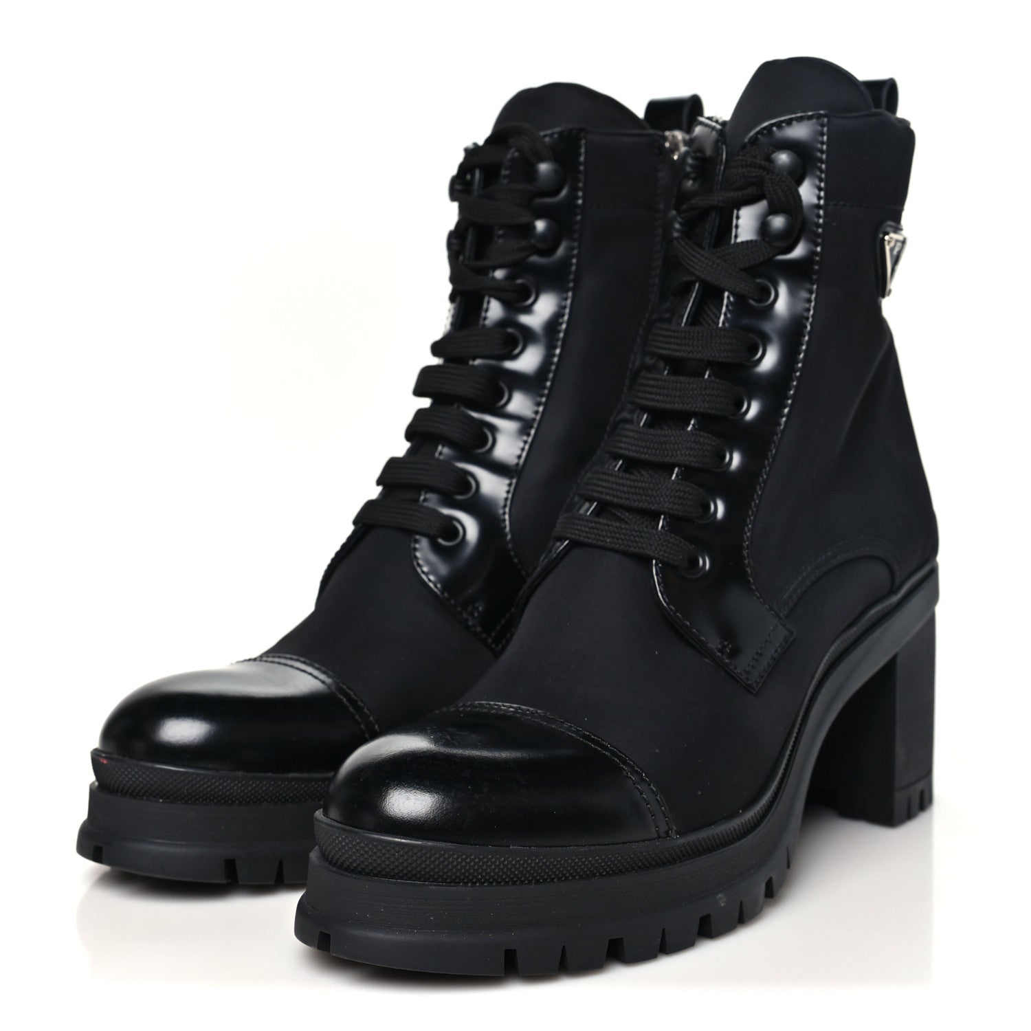 Prada Spazzolato Re-Nylon Metal Triangle Logo Lace Up 55mm Ankle Boots 40.5 Black 4 of 10