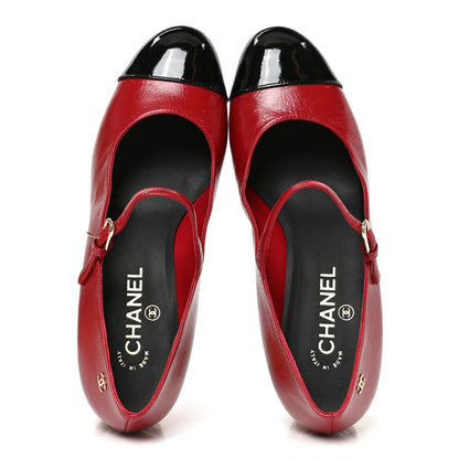 Chanel Shiny Calfskin Patent Cap Toe Mary Jane Pumps 40 Red Black Multicolor 6 of 9