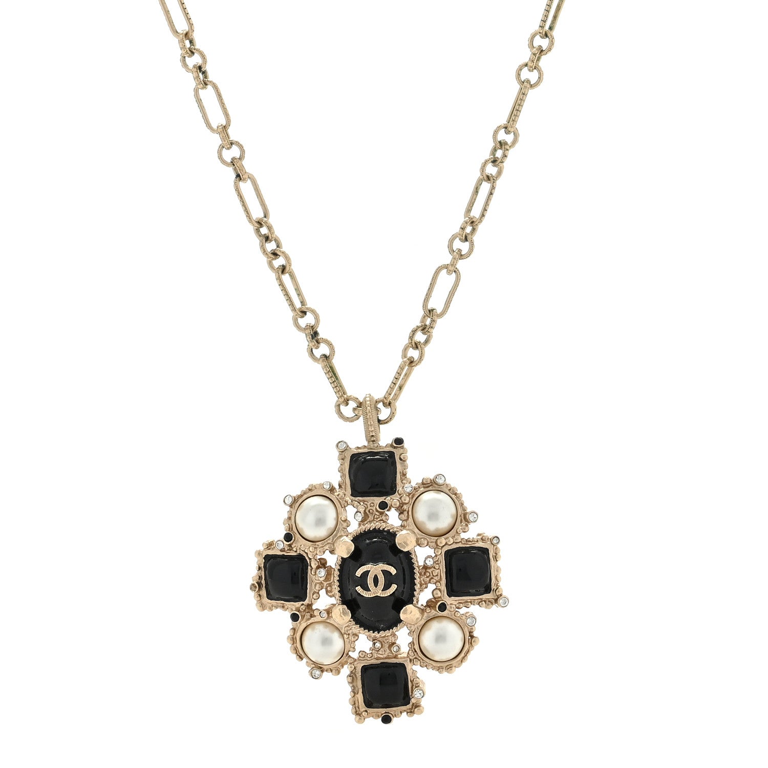 Chanel Gripoix Poured Glass Pearl CC Pendant Necklace Black Gold 1 of 4