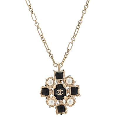 Chanel Gripoix Poured Glass Pearl CC Pendant Necklace Black Gold 1 of 4