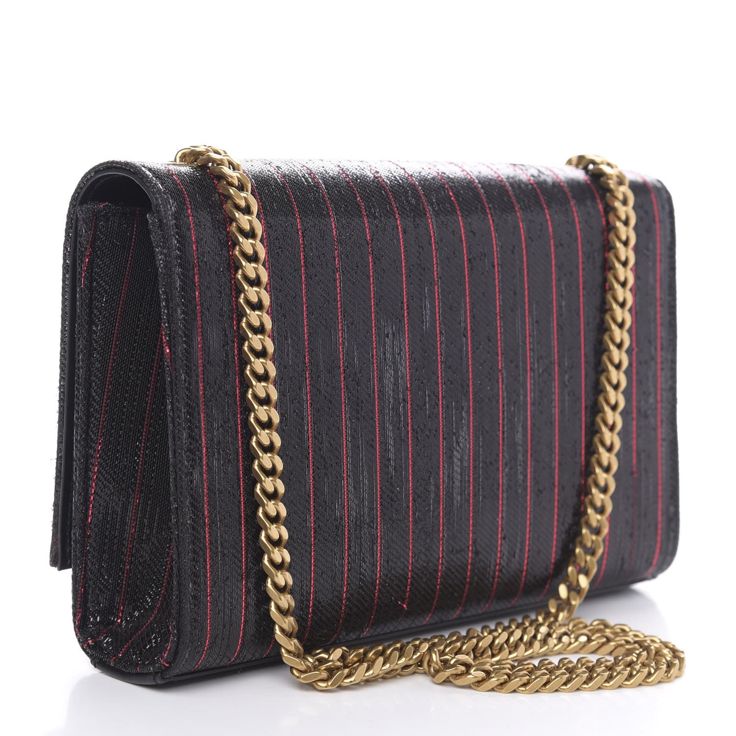 Metallic Calfskin Striped Small Monogram Kate Satchel Black Red
