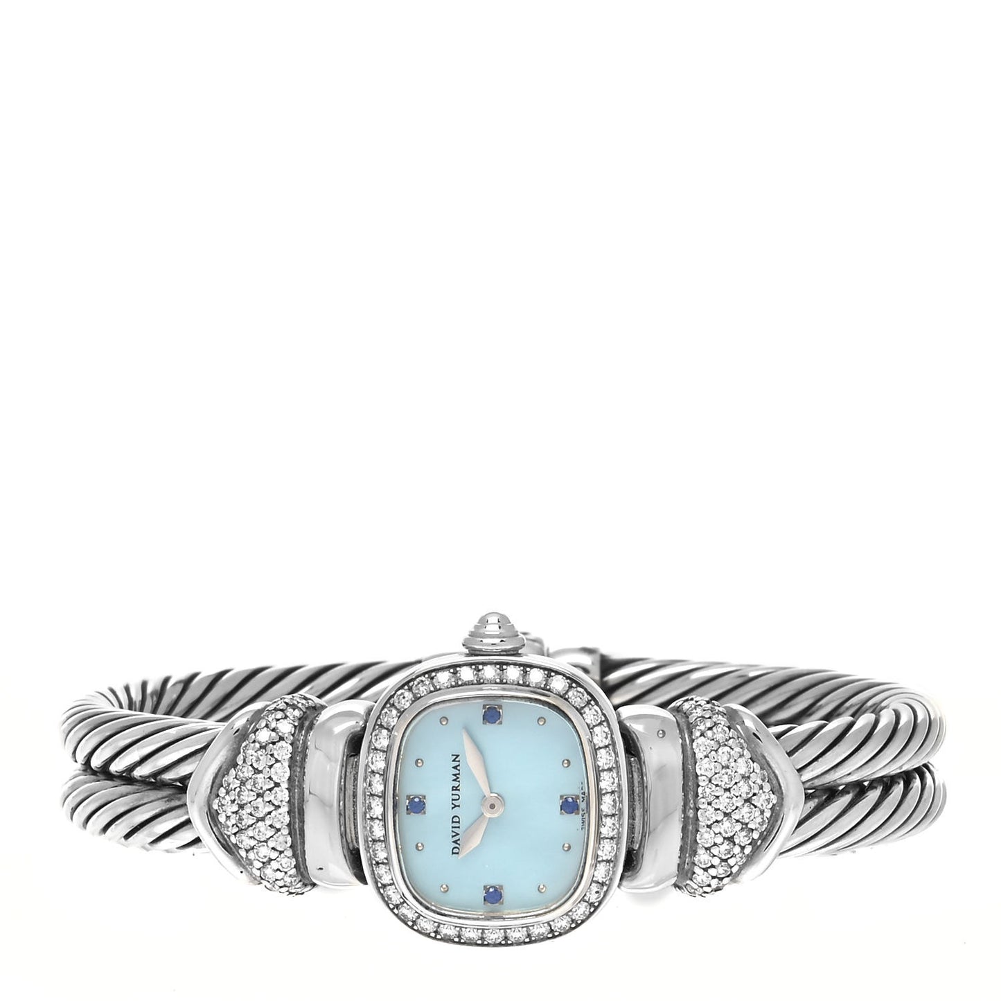 Sterling Silver Diamond Bezel Blue Sapphire Blue Mother of Pearl 21mm Classic Cable Quartz Watch