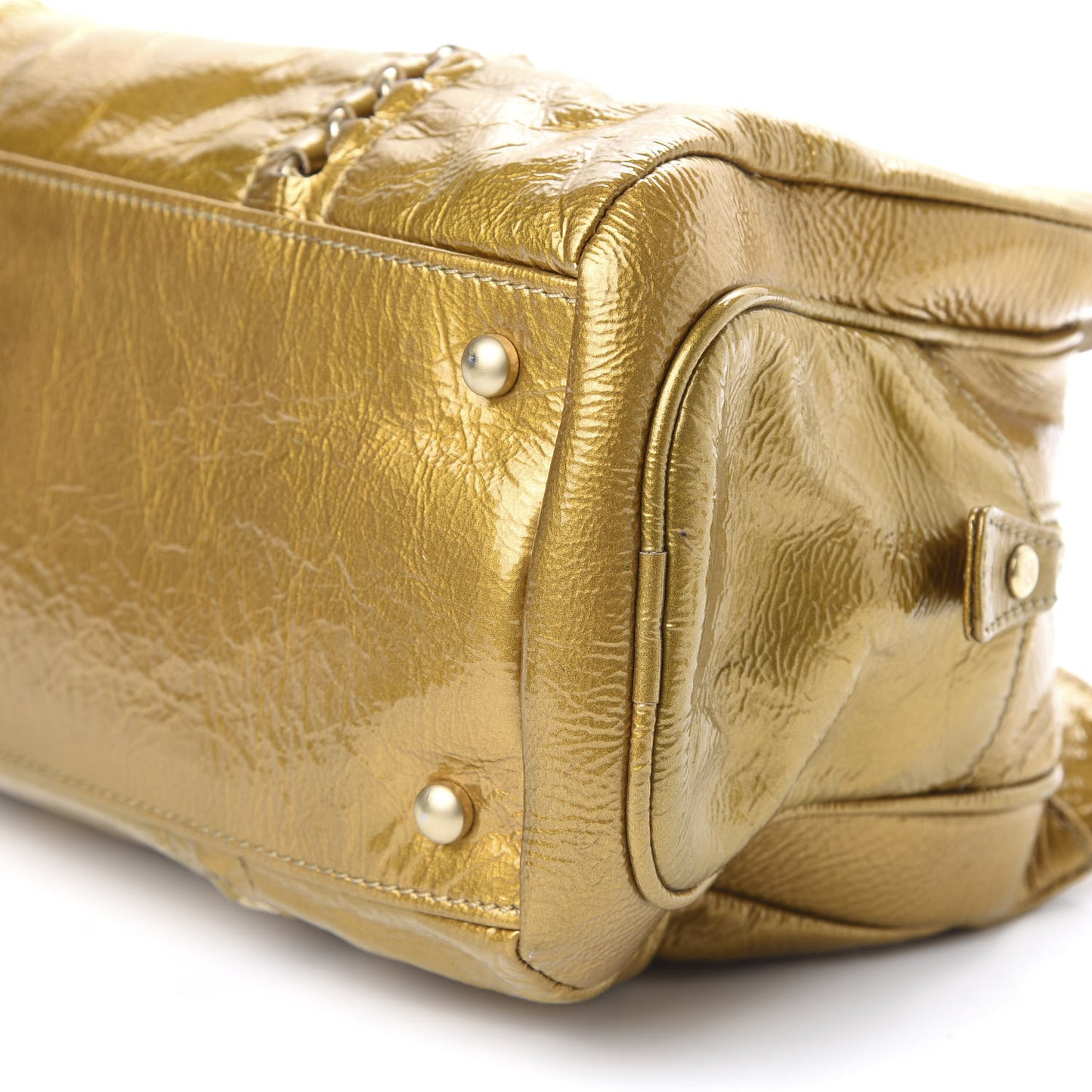 Crinkled Patent Modern Chain Tote Gold