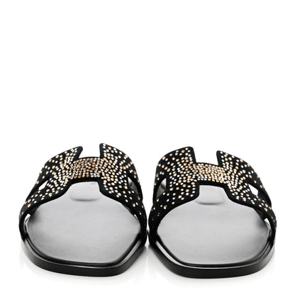 Hermes Suede Goatskin Rhinestone Oran Sandals 40 Black 2 of 8
