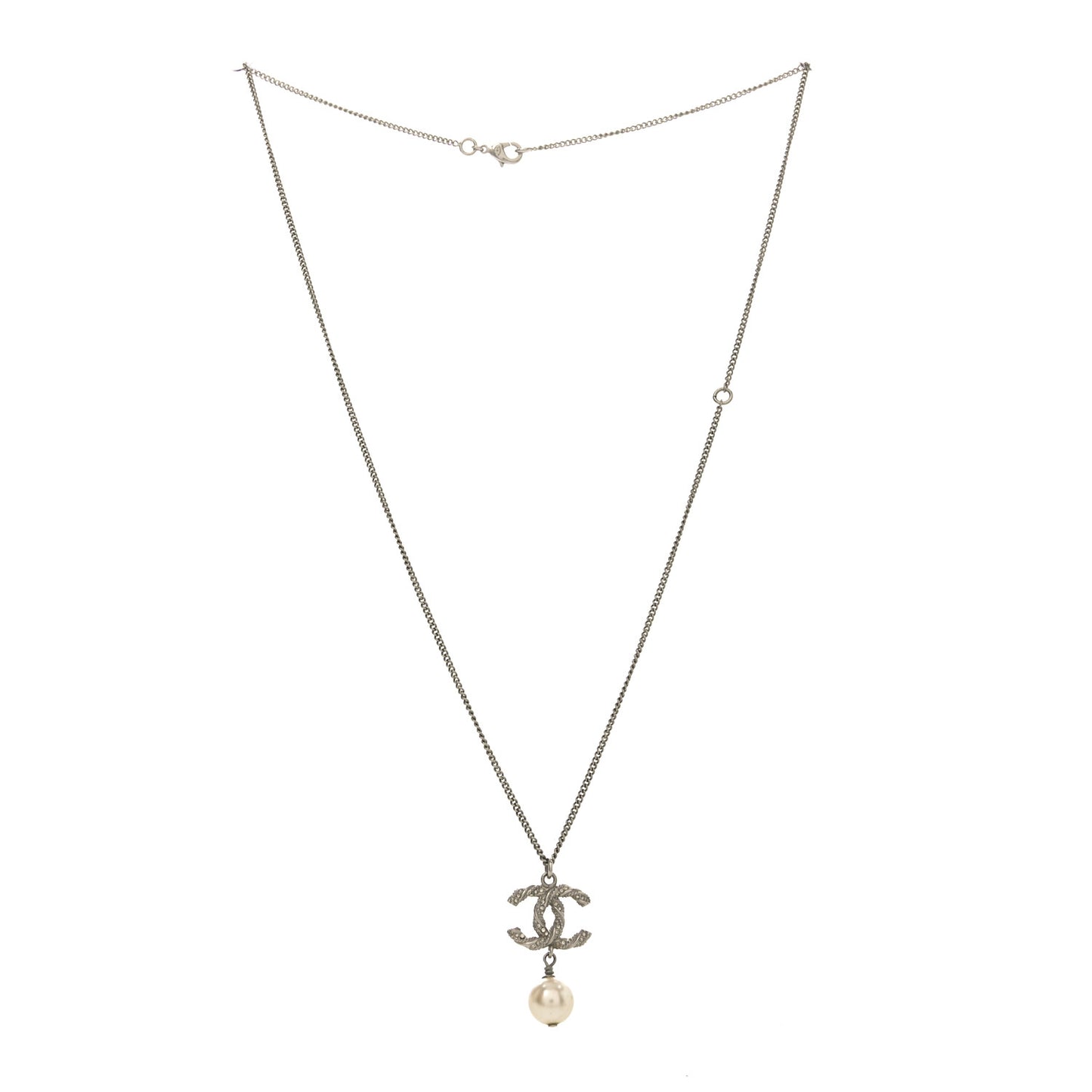 Crystal Pearl Twisted CC Drop Necklace Silver