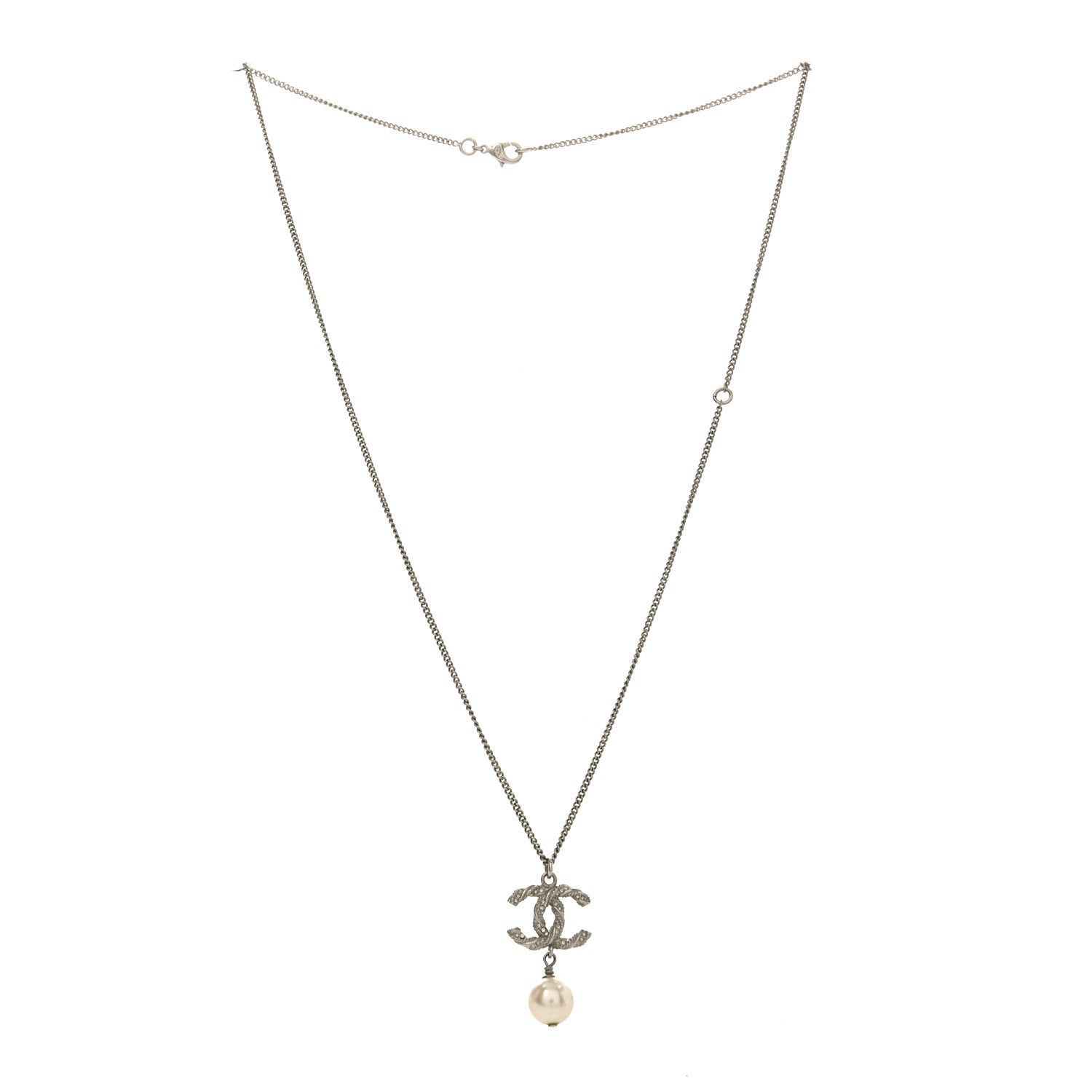 Chanel Crystal Pearl Twisted CC Drop Necklace Silver 3 of 4