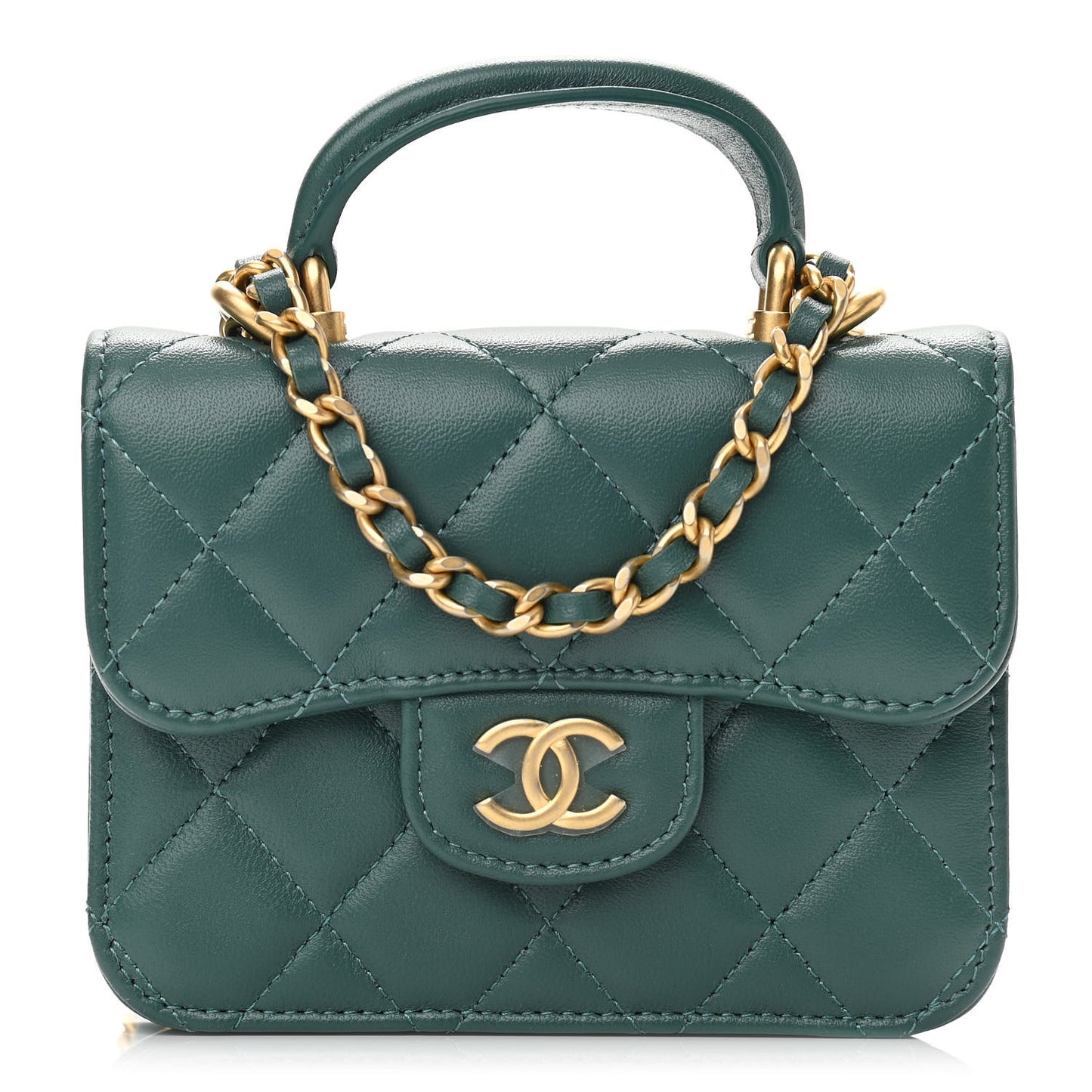 Lambskin Quilted Top Handle Flap Coin Purse With Chain Green