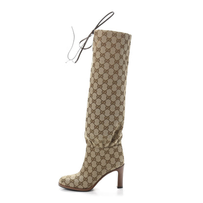 Gucci Monogram Malaga Kid Lisa Mid Heel Boots 35 Beige Ebony 1 of 8