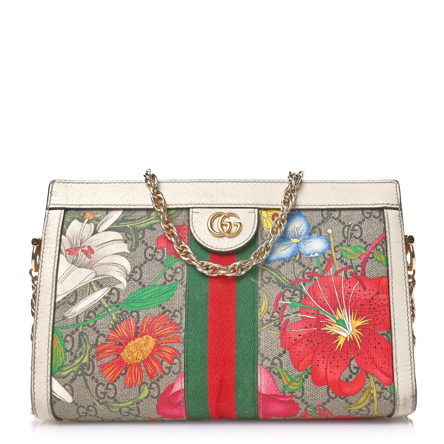 Gucci GG Supreme Monogram Flora Web Small Ophidia Chain Shoulder Bag White 1 of 14