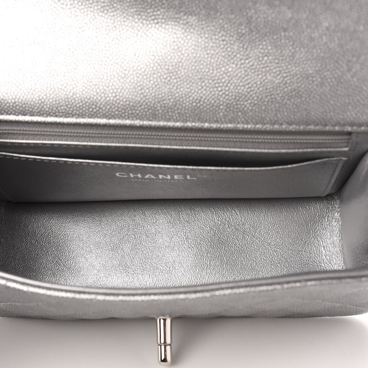 Metallic Caviar Quilted Mini Top Handle Rectangular Flap Silver
