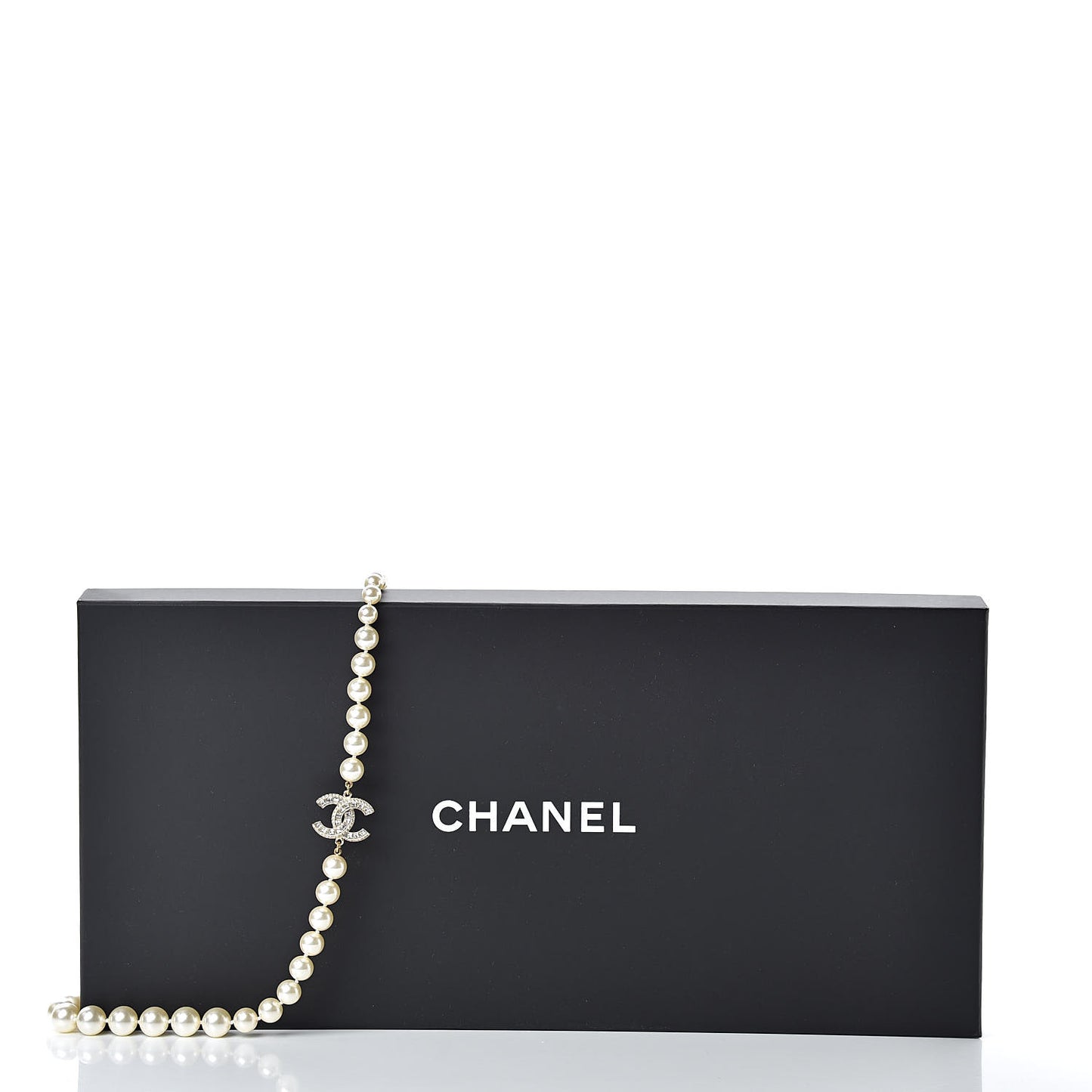 Pearl Baguette Crystal CC Long Necklace Silver