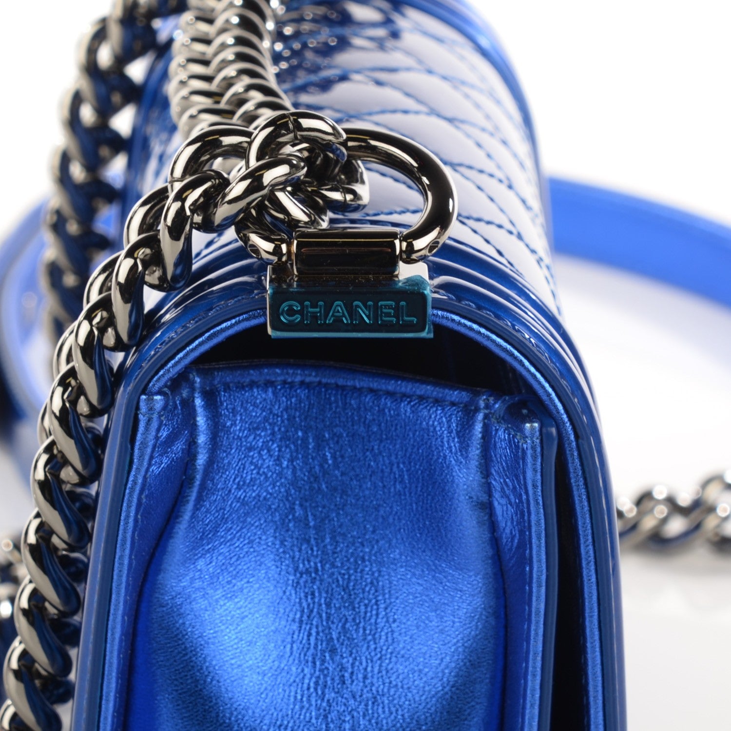 Chanel Metallic Patent Calfskin Quilted Small Boy Flap Blue 5 of 8