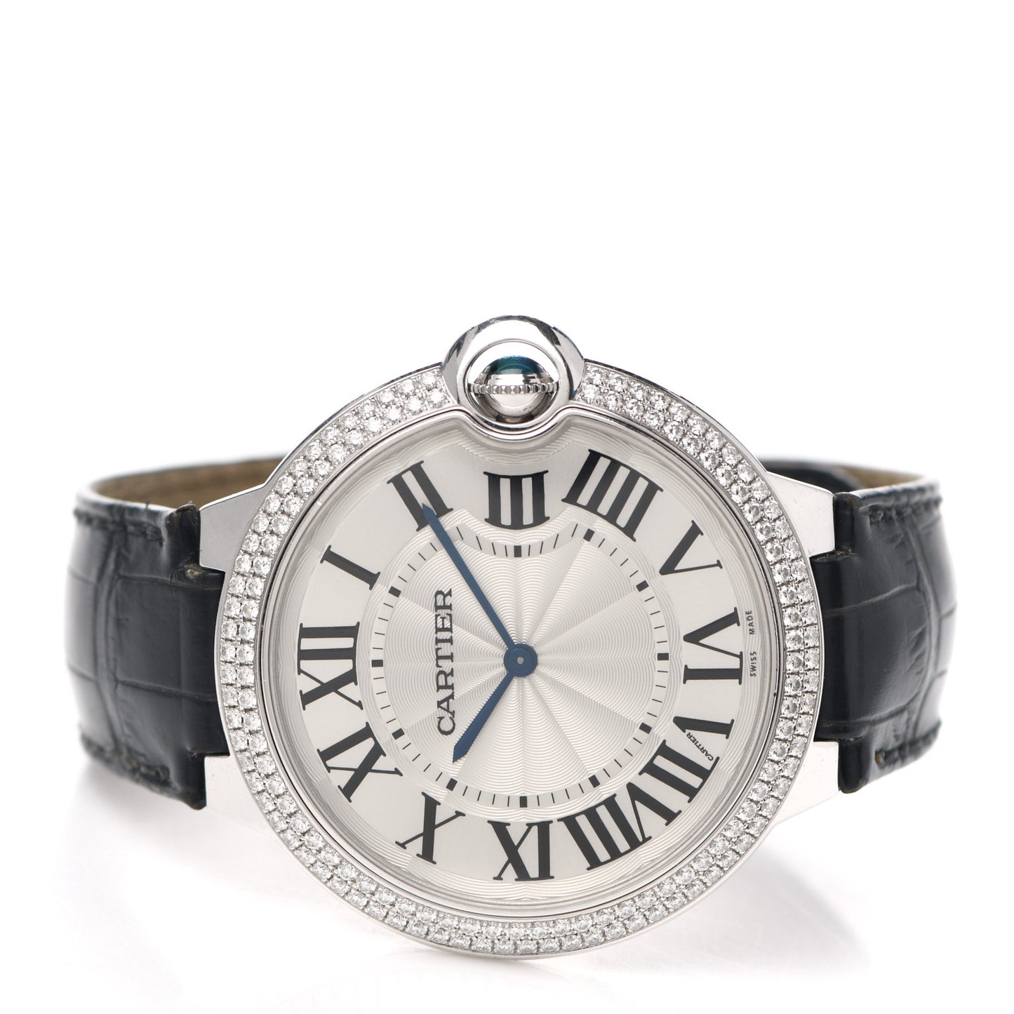 18K White Gold Alligator Diamond Pave Bezel 40mm Ballon Bleu De Cartier Manual Winding Watch