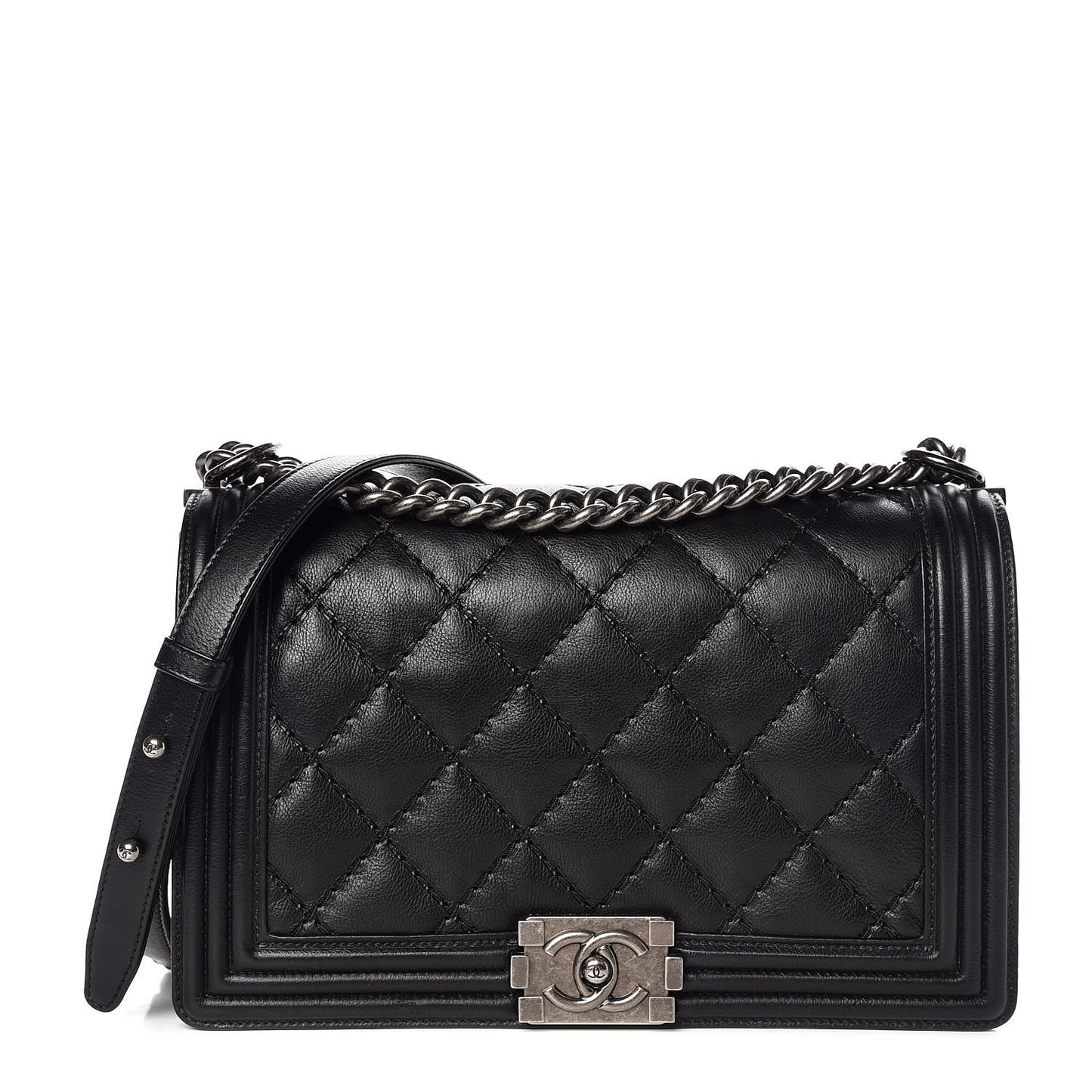 Calfskin Quilted Double Stitch New Medium Boy Flap Black