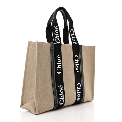 Chloe Linen Calfskin Large Woody Ribbon Tote Black Blue 3 of 10