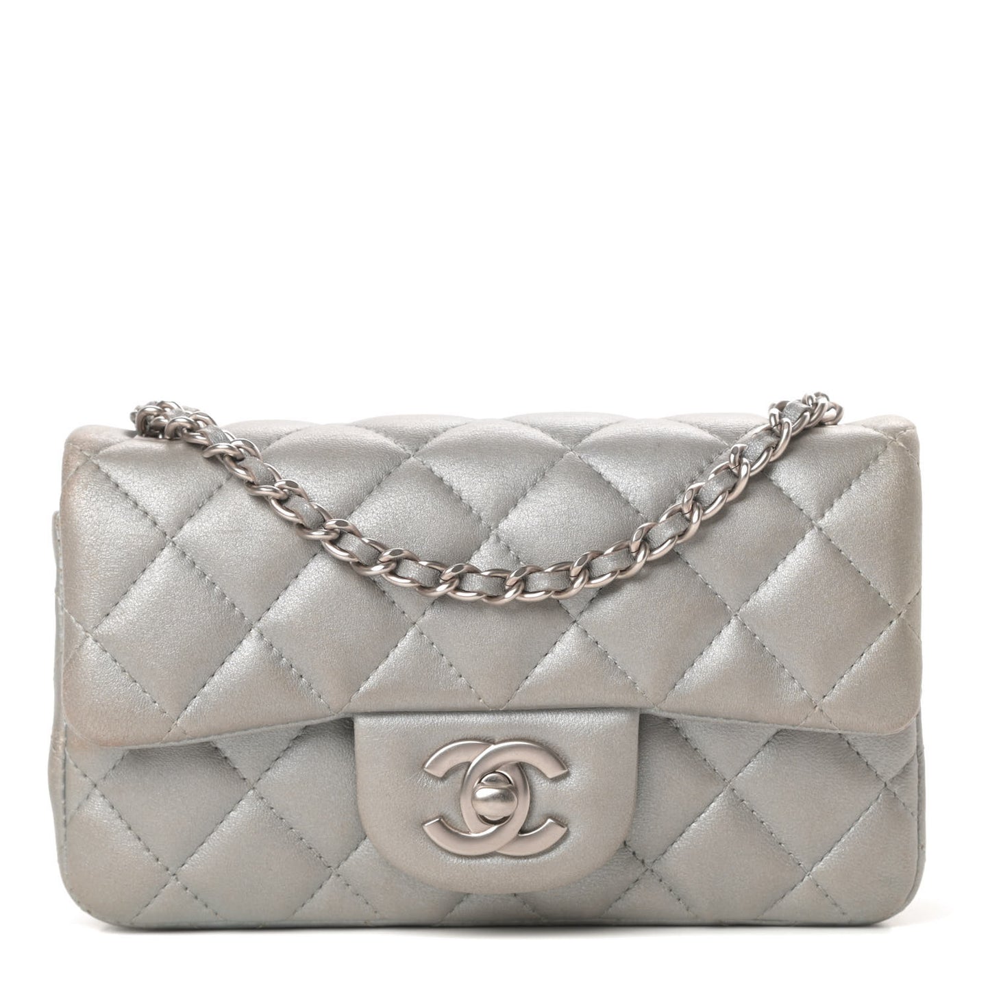 Metallic Lambskin Quilted Extra Mini Rectangular Flap Silver