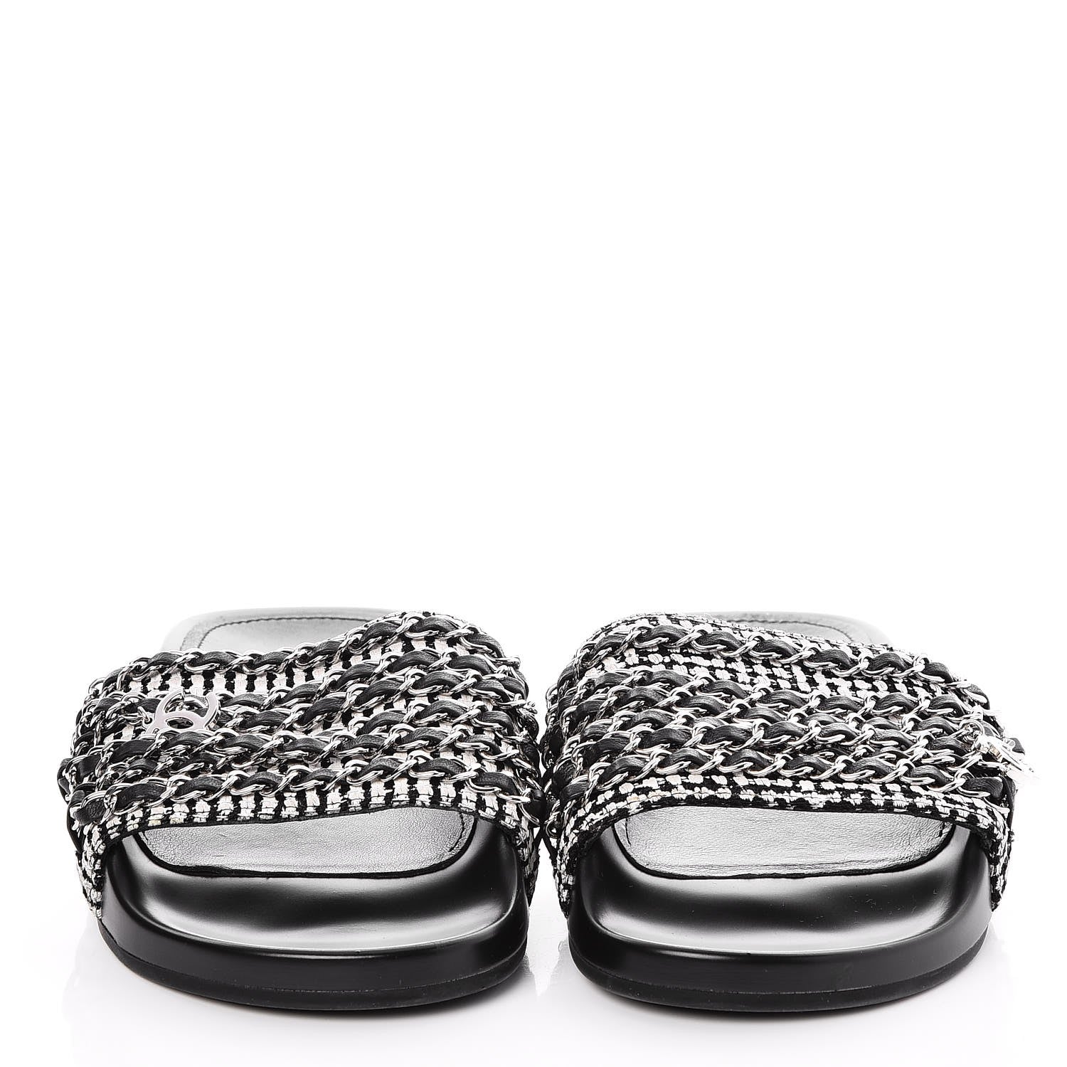 Chanel Tweed Lambskin Chain Flat Sandals 37 Black White 2 of 8