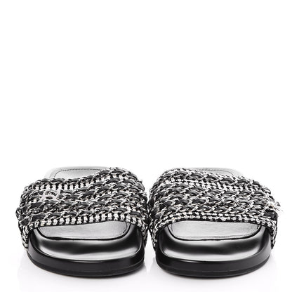 Chanel Tweed Lambskin Chain Flat Sandals 37 Black White 2 of 8