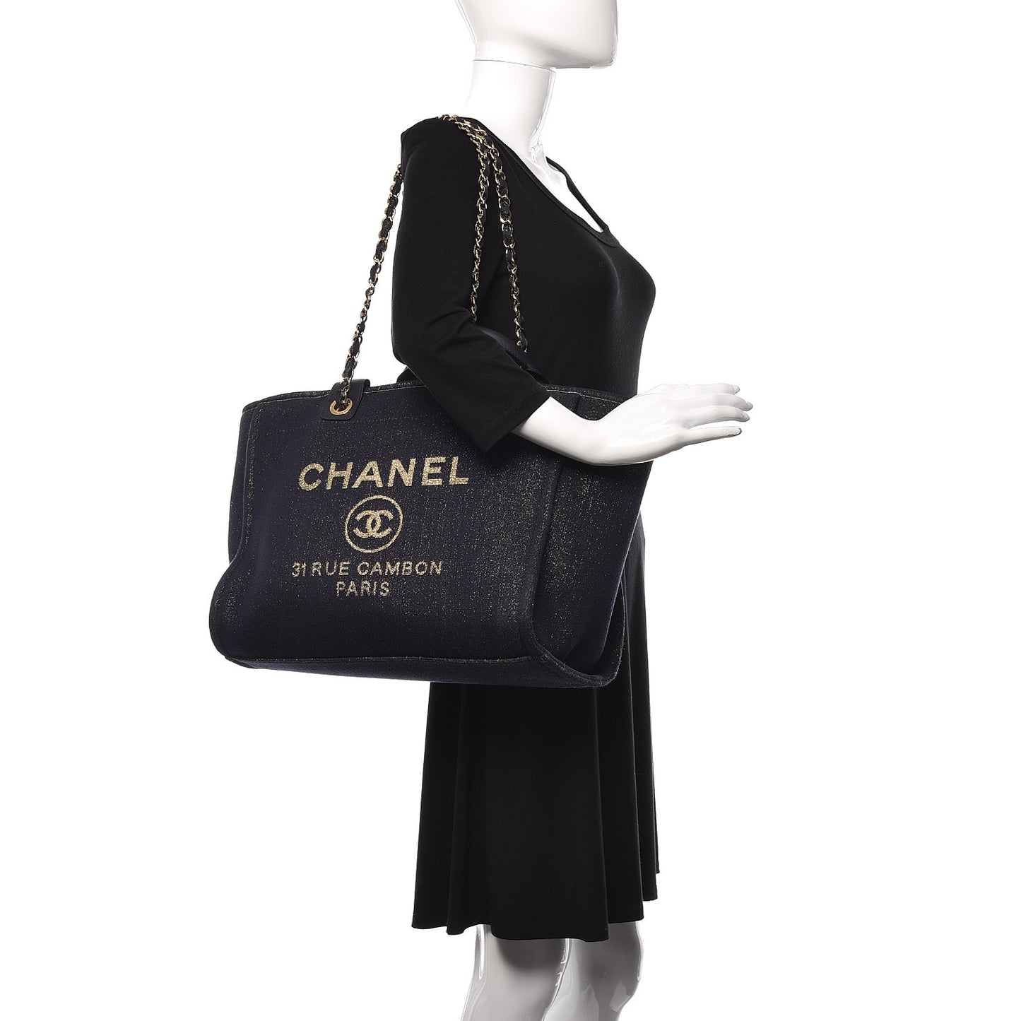 Lurex Canvas Medium Deauville Tote Navy Blue Gold