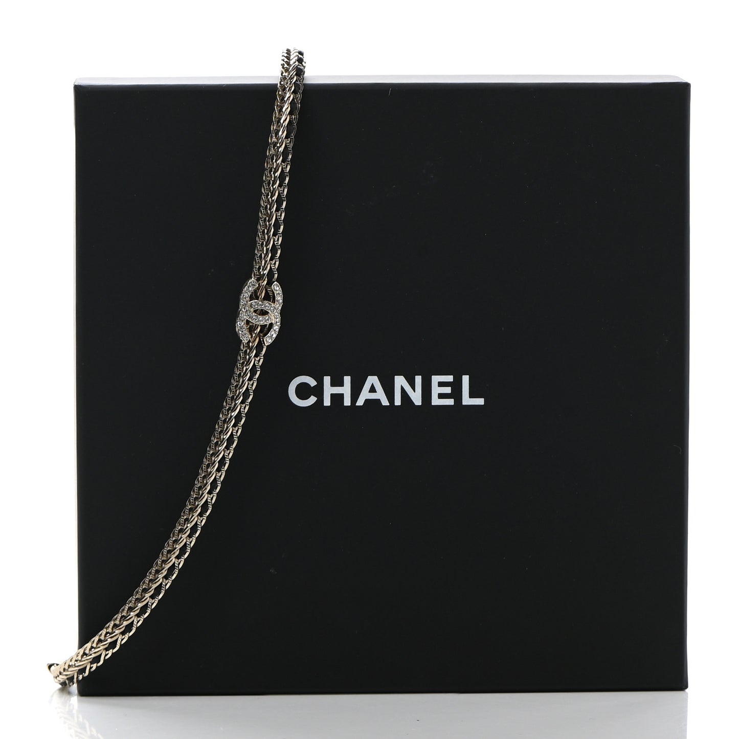 Metal Lambskin Crystal Chain CC Necklace Black Gold