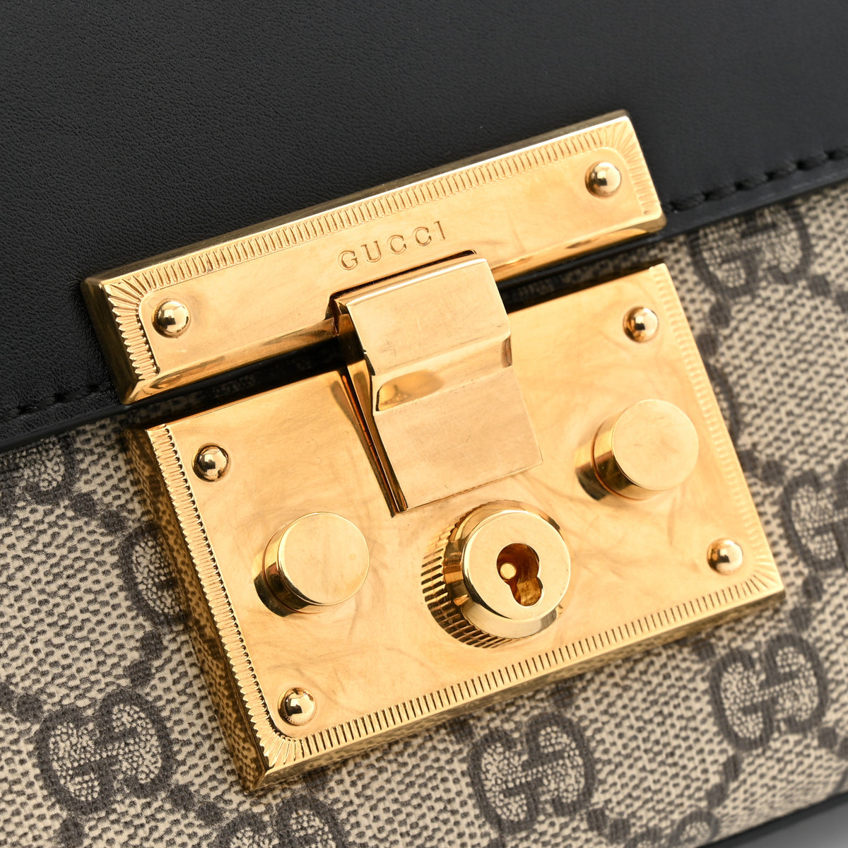 GG Supreme Monogram Calfskin Small Padlock Shoulder Bag Beige Black Cuir