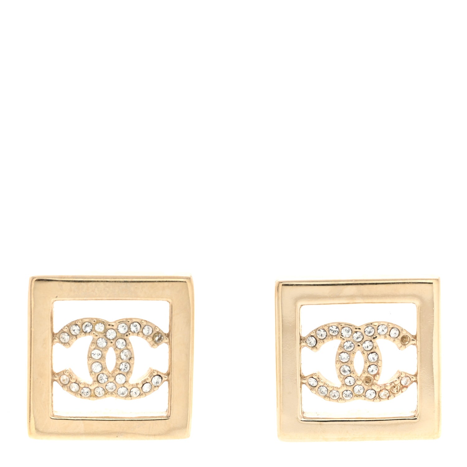 Chanel Metal Crystal Square CC Earrings Gold 1 of 7