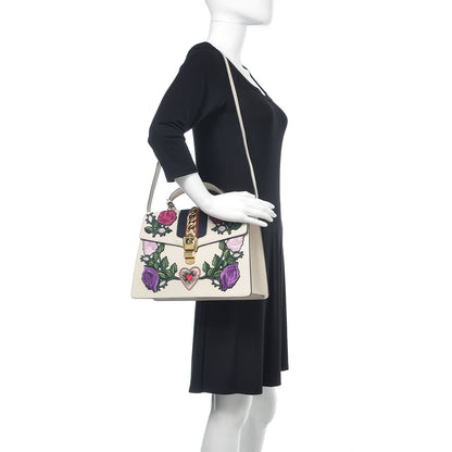 Gucci Calfskin Embroidered Medium Sylvie Top Handle Bag White 2 of 11