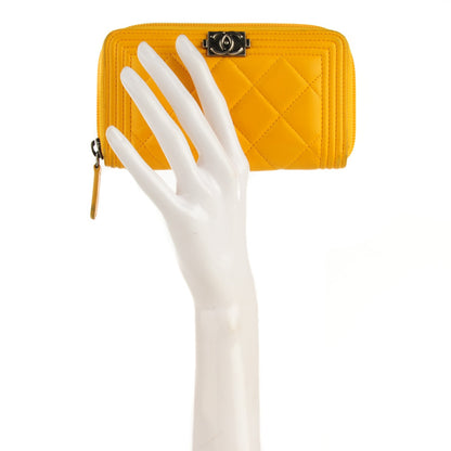 Chanel Lambskin Quilted Small Boy Zip Around Wallet Yellow 3 of 18