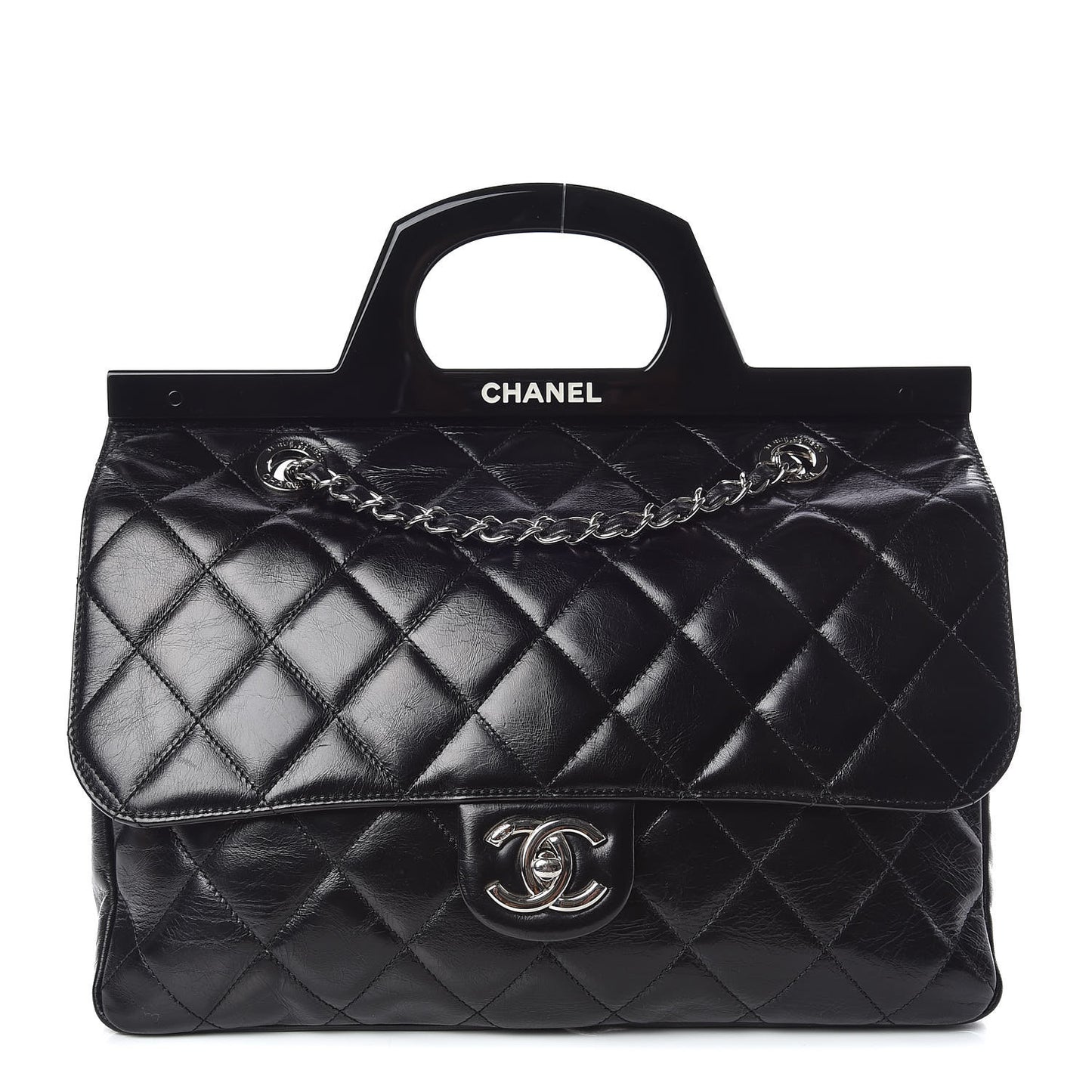 Glazed Calfskin Quilted Small CC Delivery Tote Black