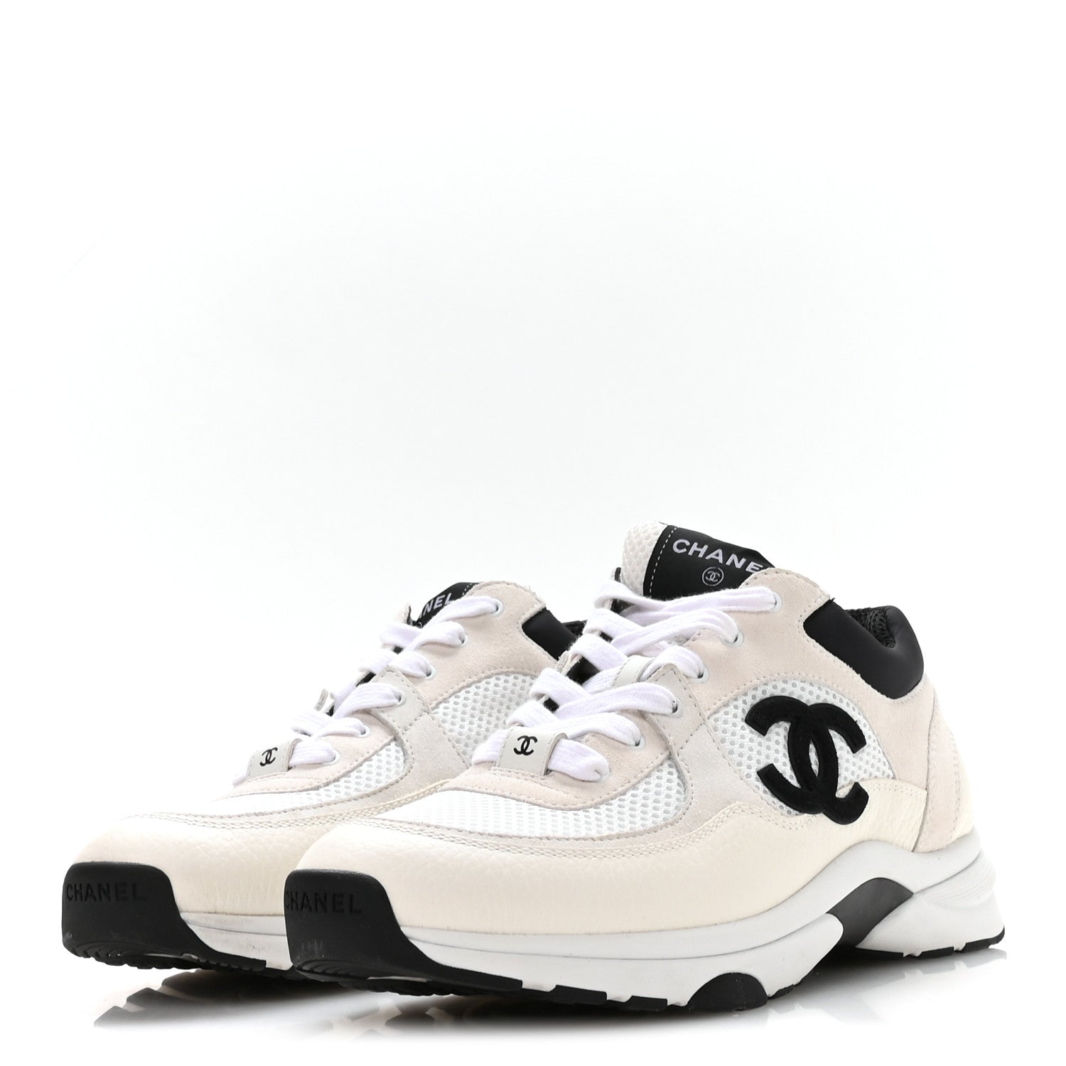 Chanel Mesh Suede Calfskin Grained Calfskin Womens CC Sneakers 41 White Black 4 of 8
