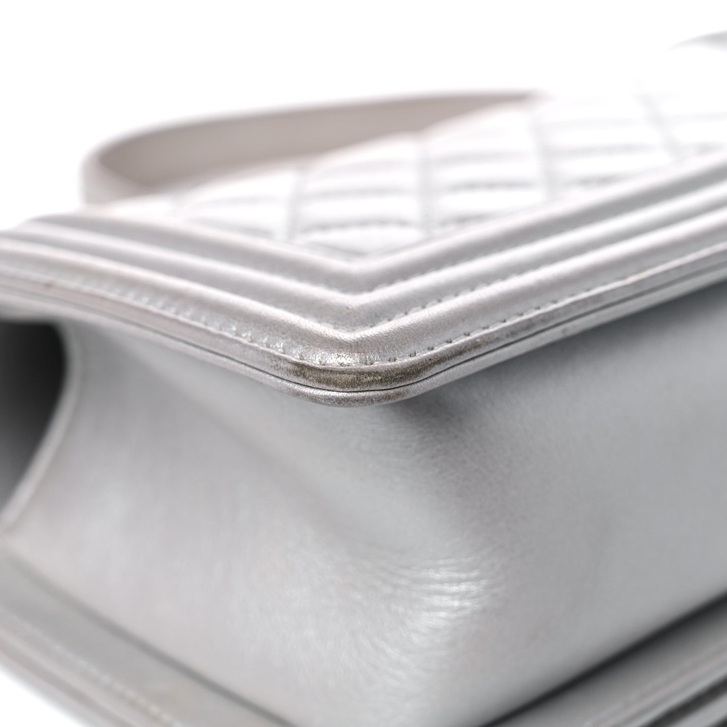 Metallic Calfskin Quilted Small Boy Flap Silver