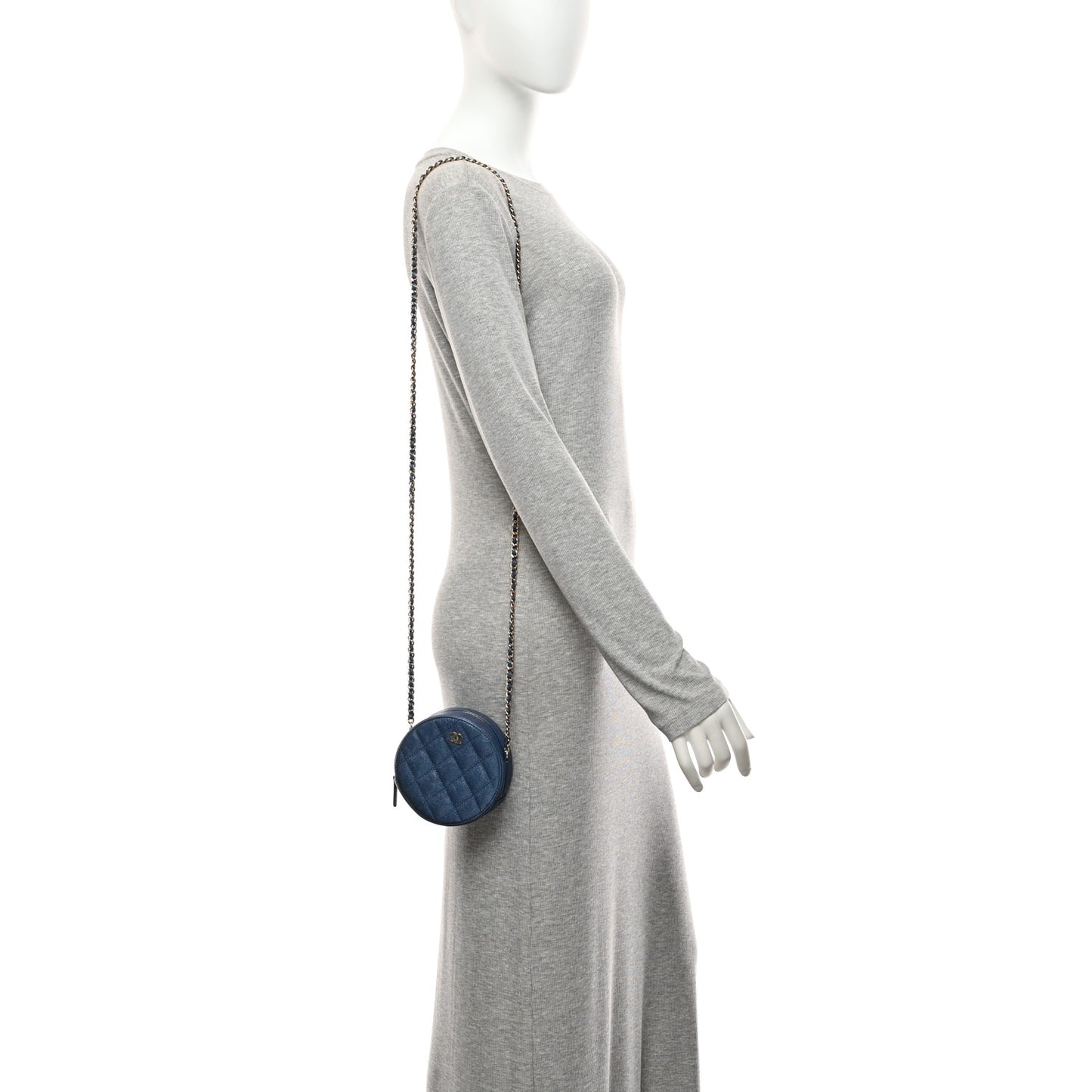 Iridescent Caviar Quilted Round Clutch With Chain Blue