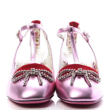 Gucci Metallic Nappa Velvet Crystal Bow Anita Pumps 40 Rosa Hibiscus Red 3 of 9