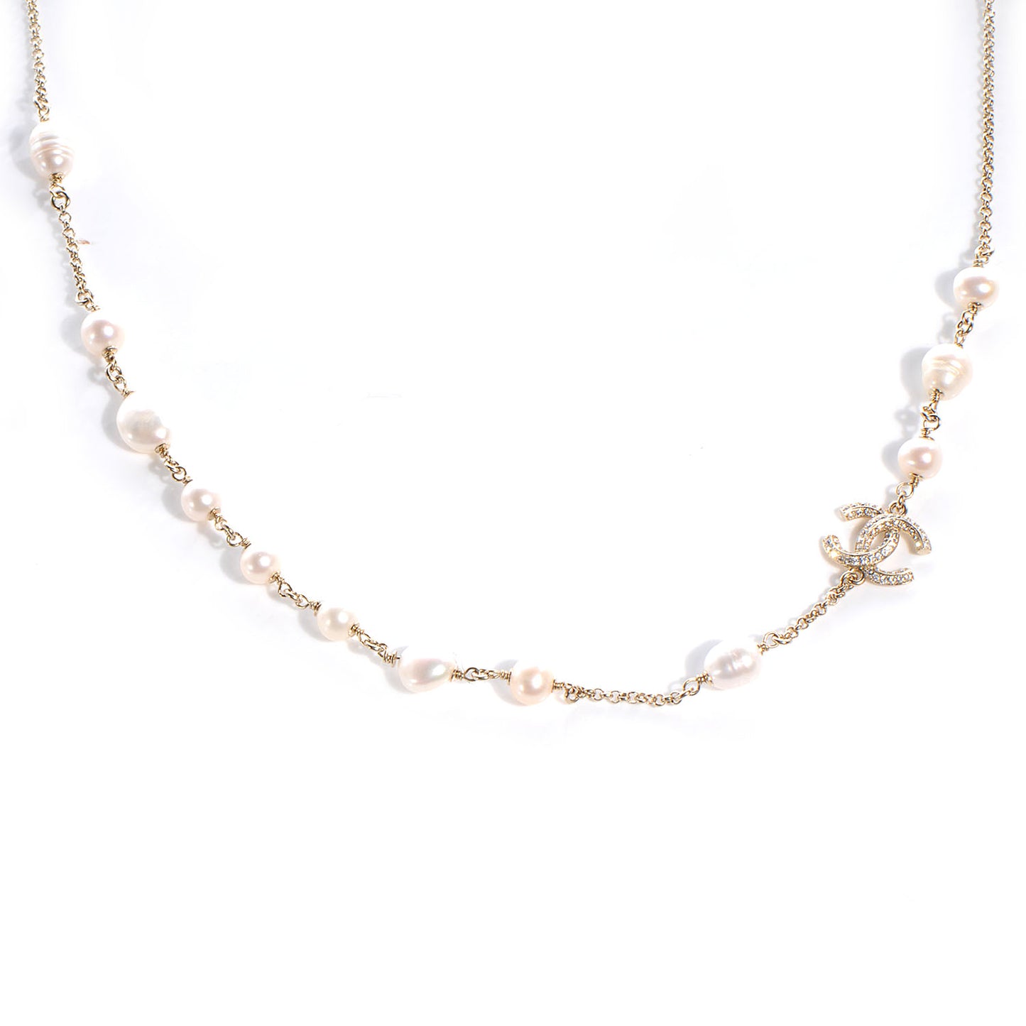 Pearl Crystal CC Ribbon Necklace Gold