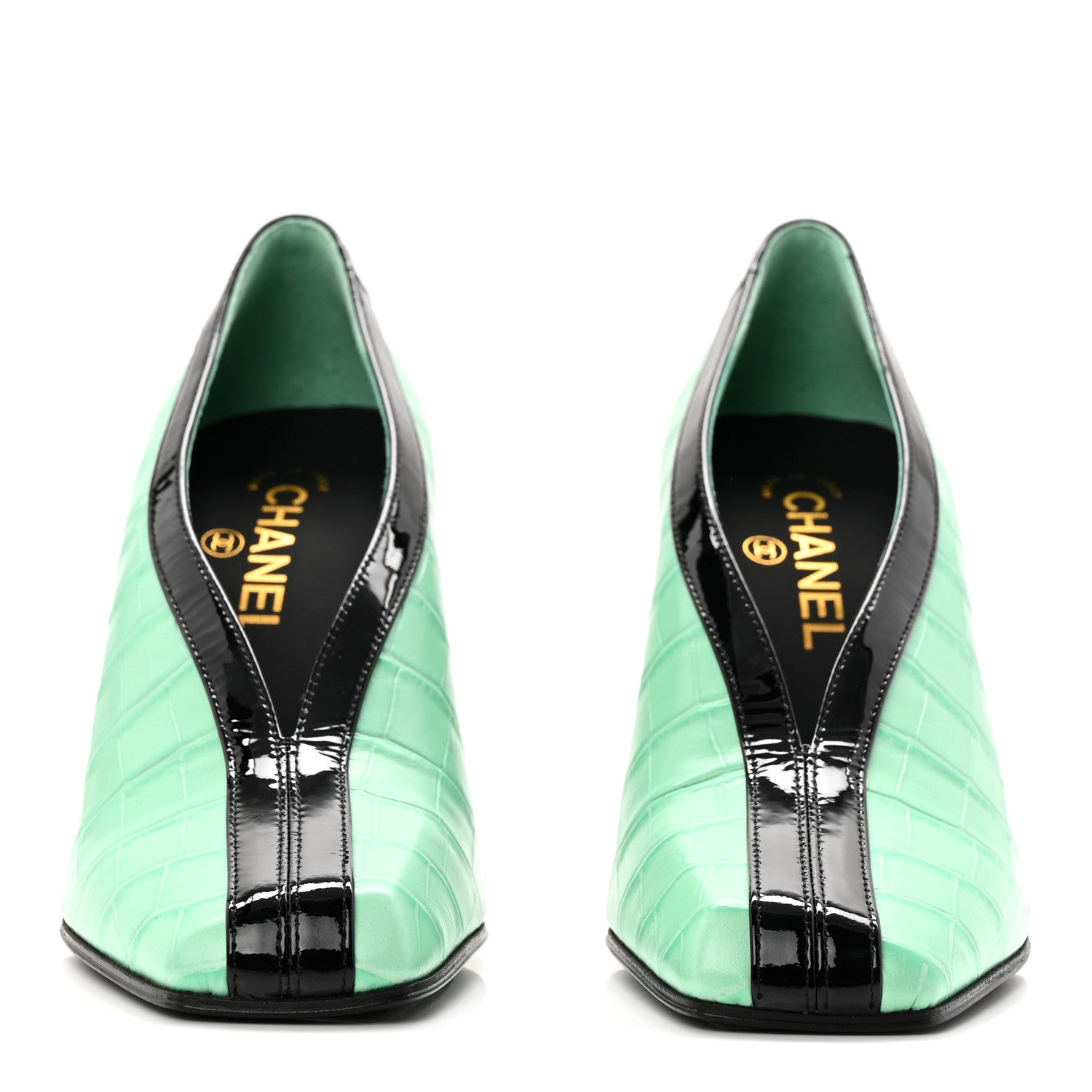 Chanel Crocodile Embossed Patent Calfskin Pumps 39 Green Black 2 of 10
