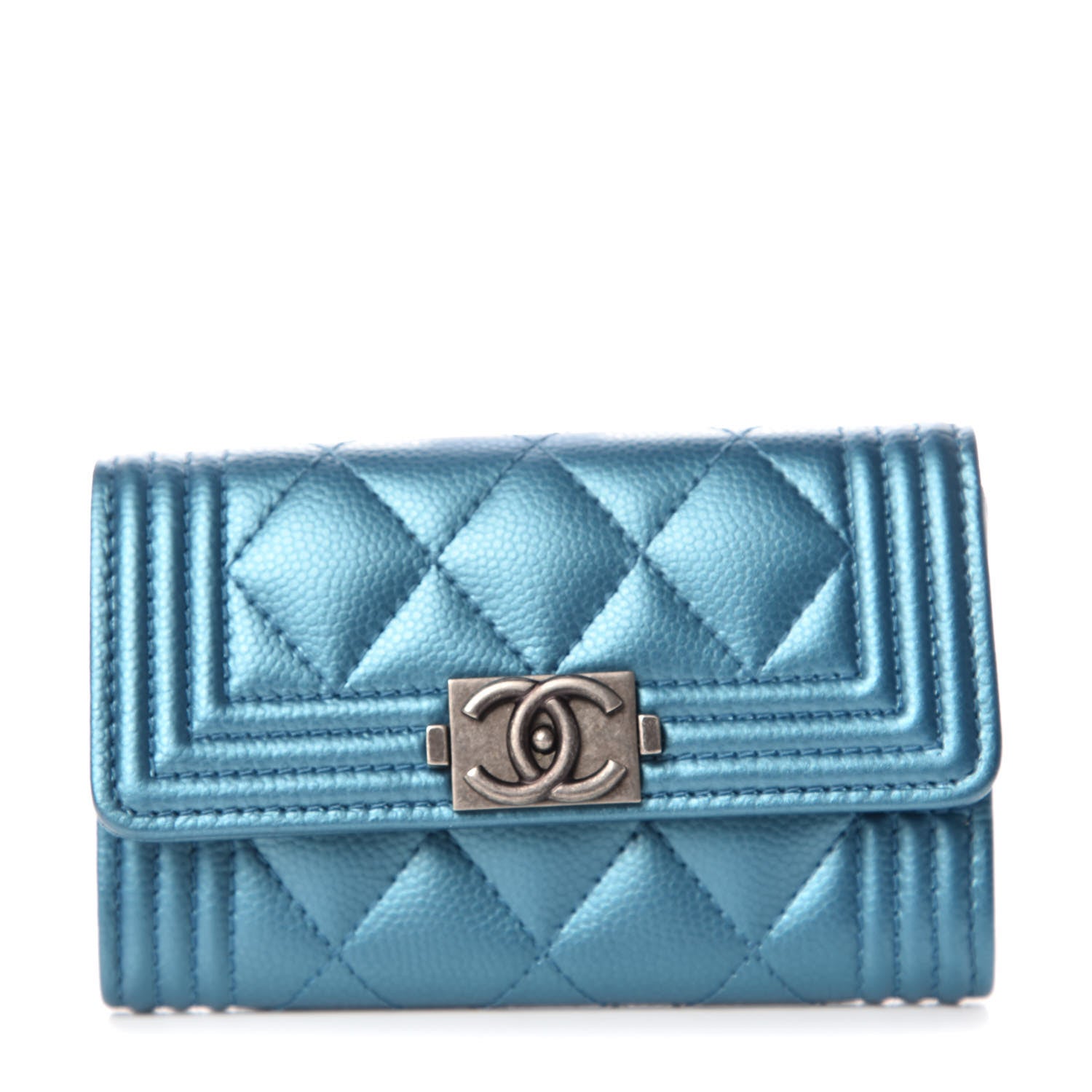 Chanel Metallic Caviar Quilted Boy Card Holder Wallet Turquoise 1 of 11