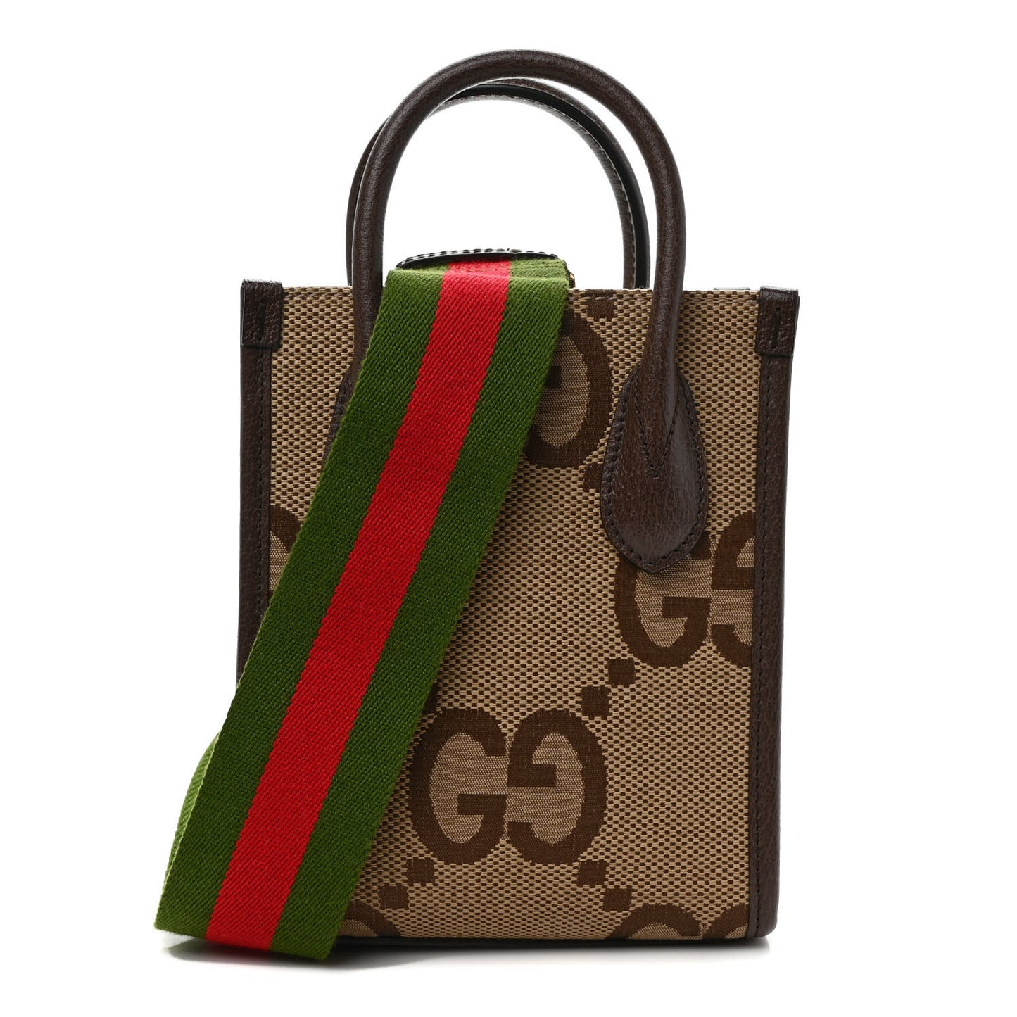 Monogram Jumbo GG Textured Dollar Calfskin Web Mini Vertical Tote Camel Ebony New Acero