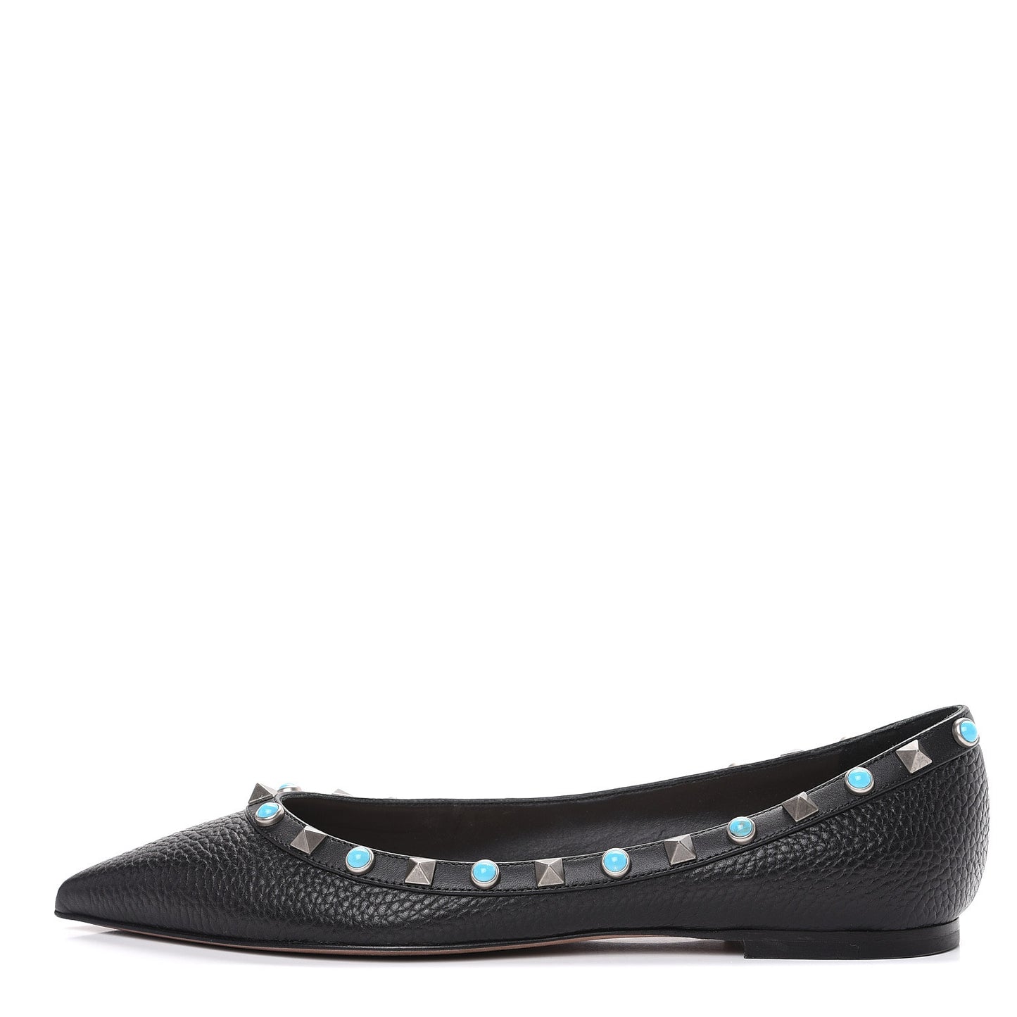 Pebbled Calfskin Rockstud Rolling Ballerina Flats 37 Black