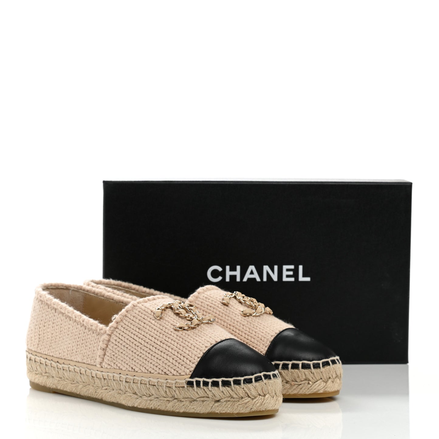 Knitted Wool Lambskin Chain CC Espadrilles 38 Beige Black