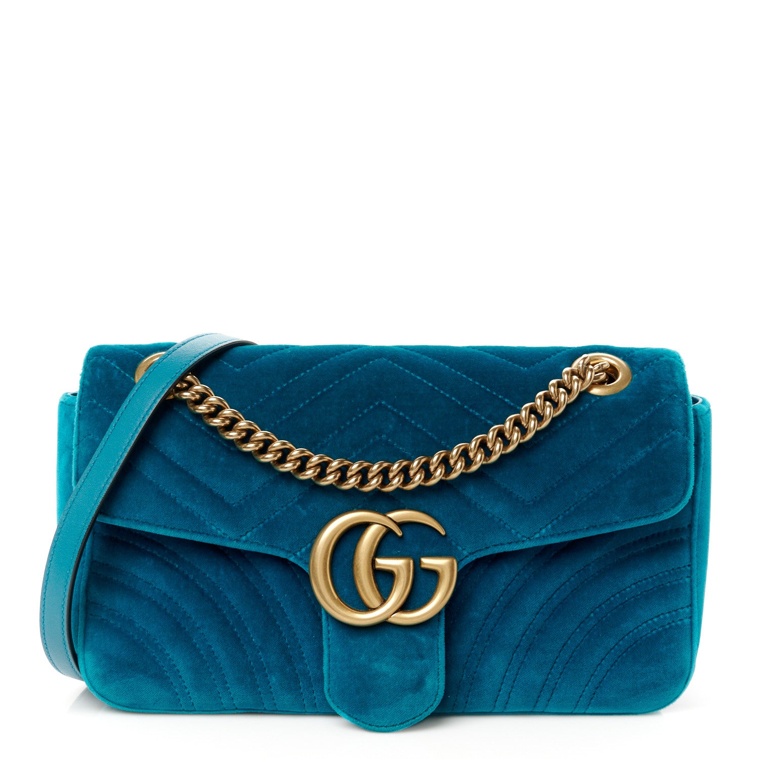Gucci Velvet Matelasse Small GG Marmont Shoulder Bag Pavone Cyan 1 of 11