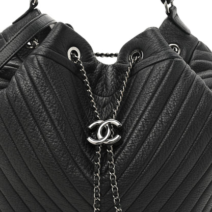 Chanel Deerskin Chevron Medium CC Chain Bucket Drawstring Bag Black 15 of 21