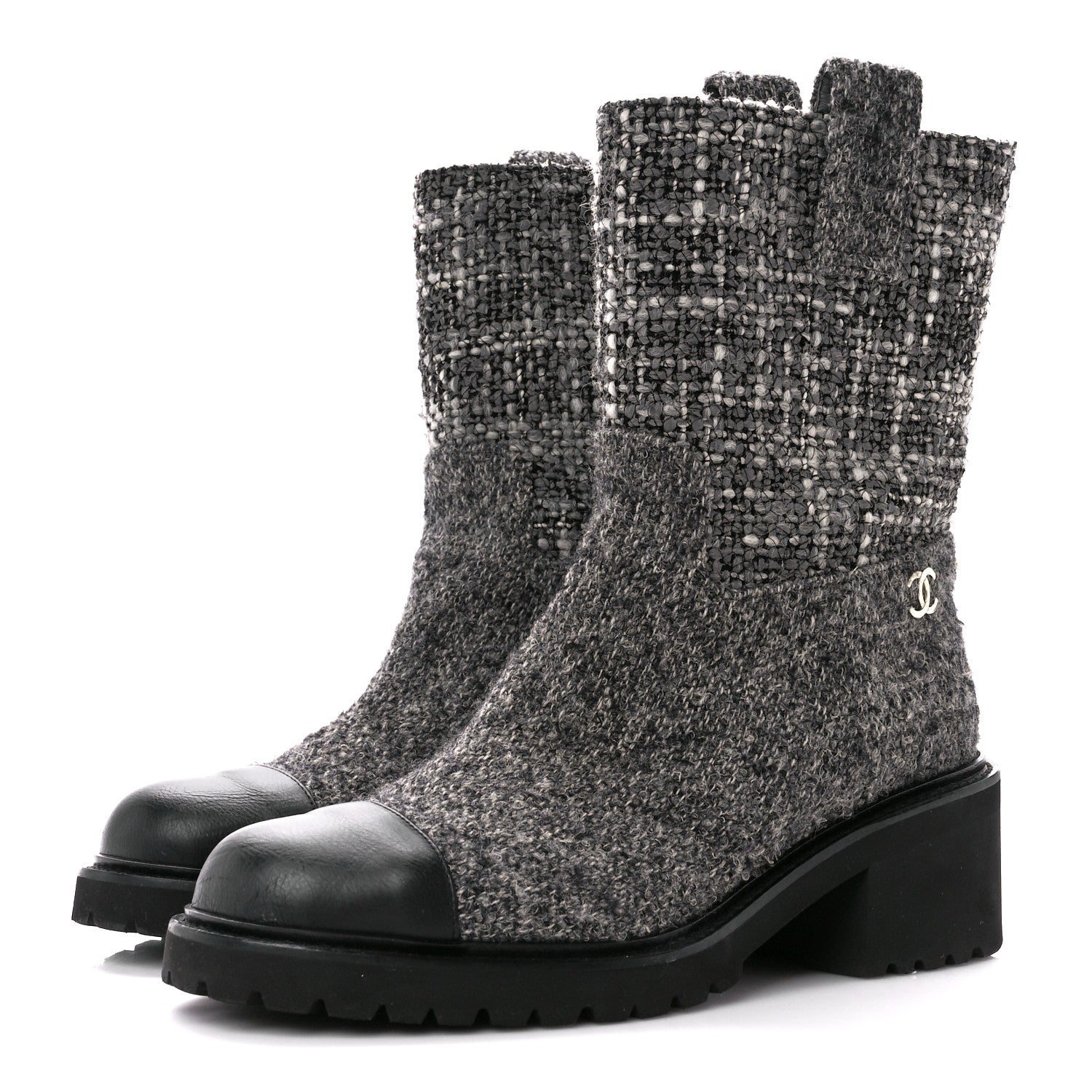 Chanel Wool Tweed CC Cap Toe Ankle Boots 39 Black Grey 3 of 9