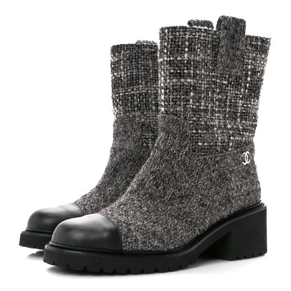 Chanel Wool Tweed CC Cap Toe Ankle Boots 39 Black Grey 3 of 9