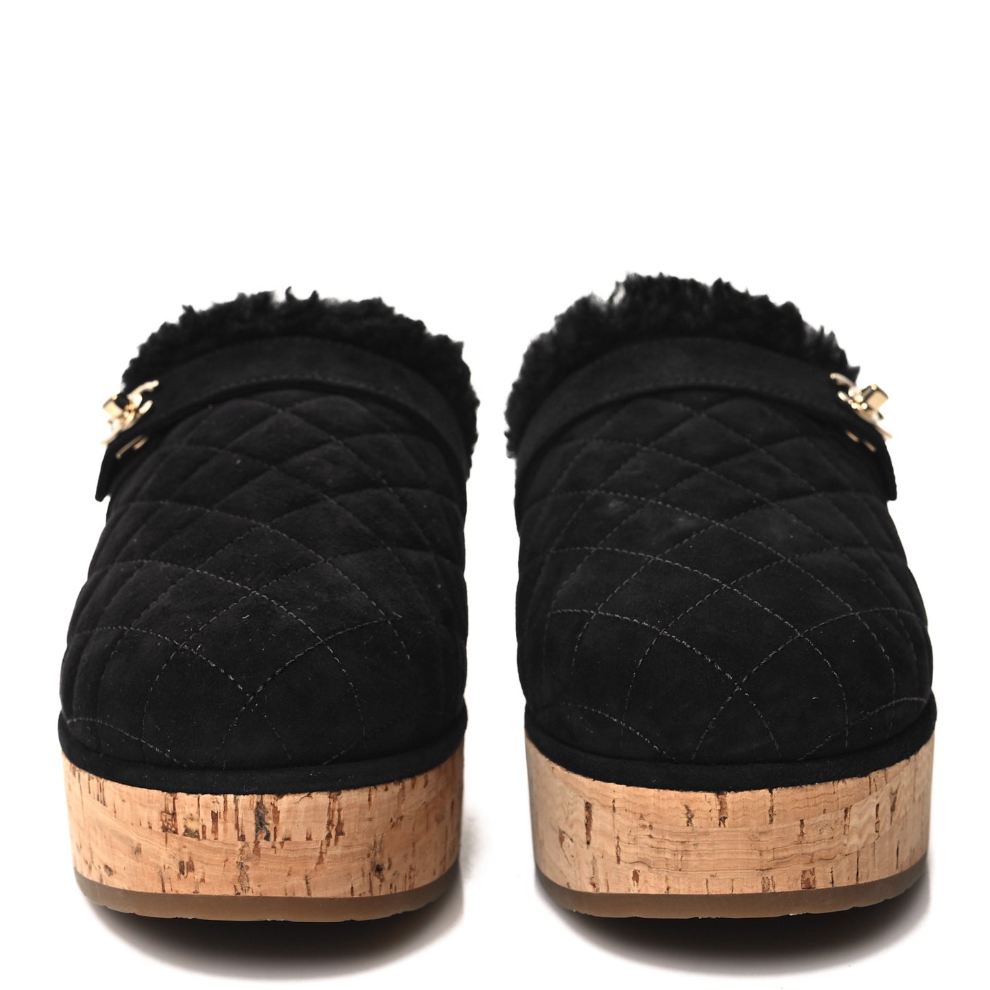 Suede Calfskin Shearling Turn Lock Clogs 39 Black