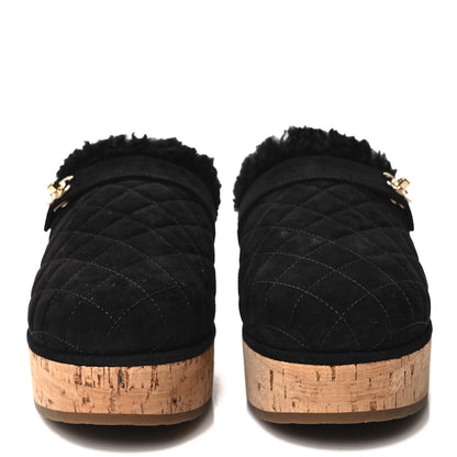 Chanel Suede Calfskin Shearling Turn Lock Clogs 39 Black 2 of 8